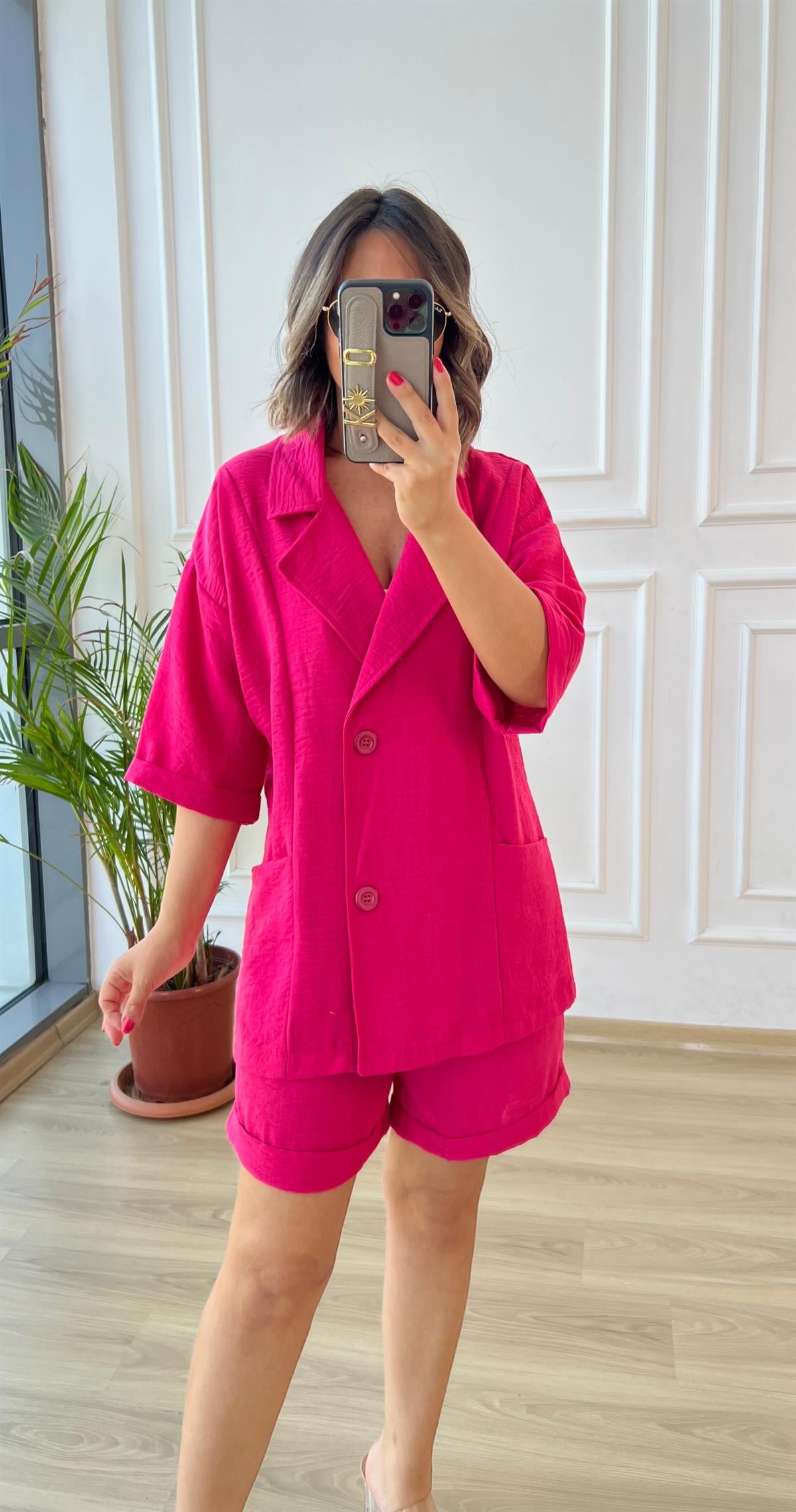 Pembe Ceketli Şortlu Keten Takım