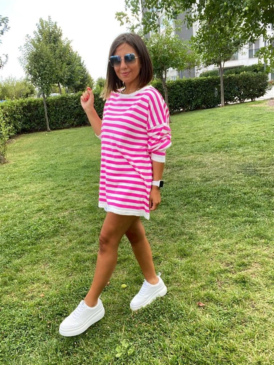 Pembe çizgili triko