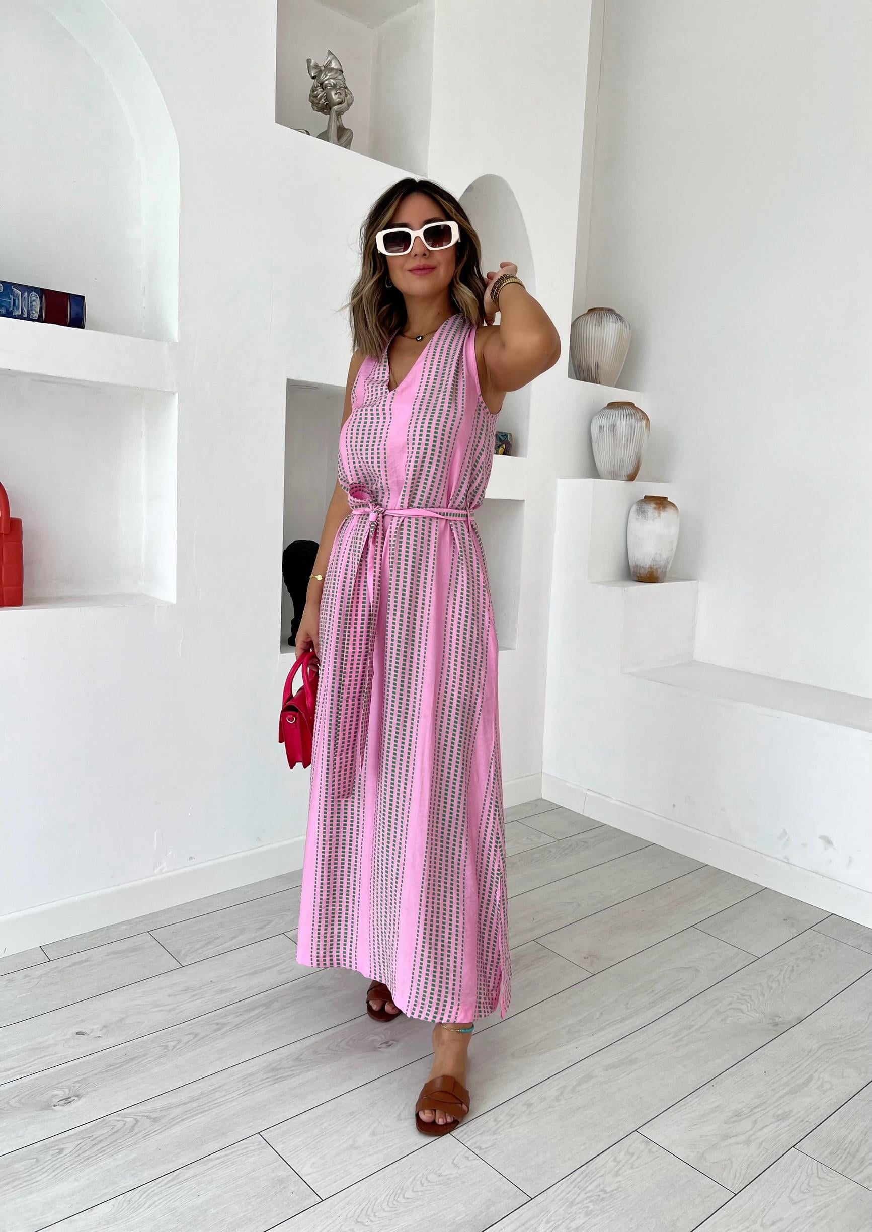 Pembe Kalın Askılı Kuşaklı Elbise