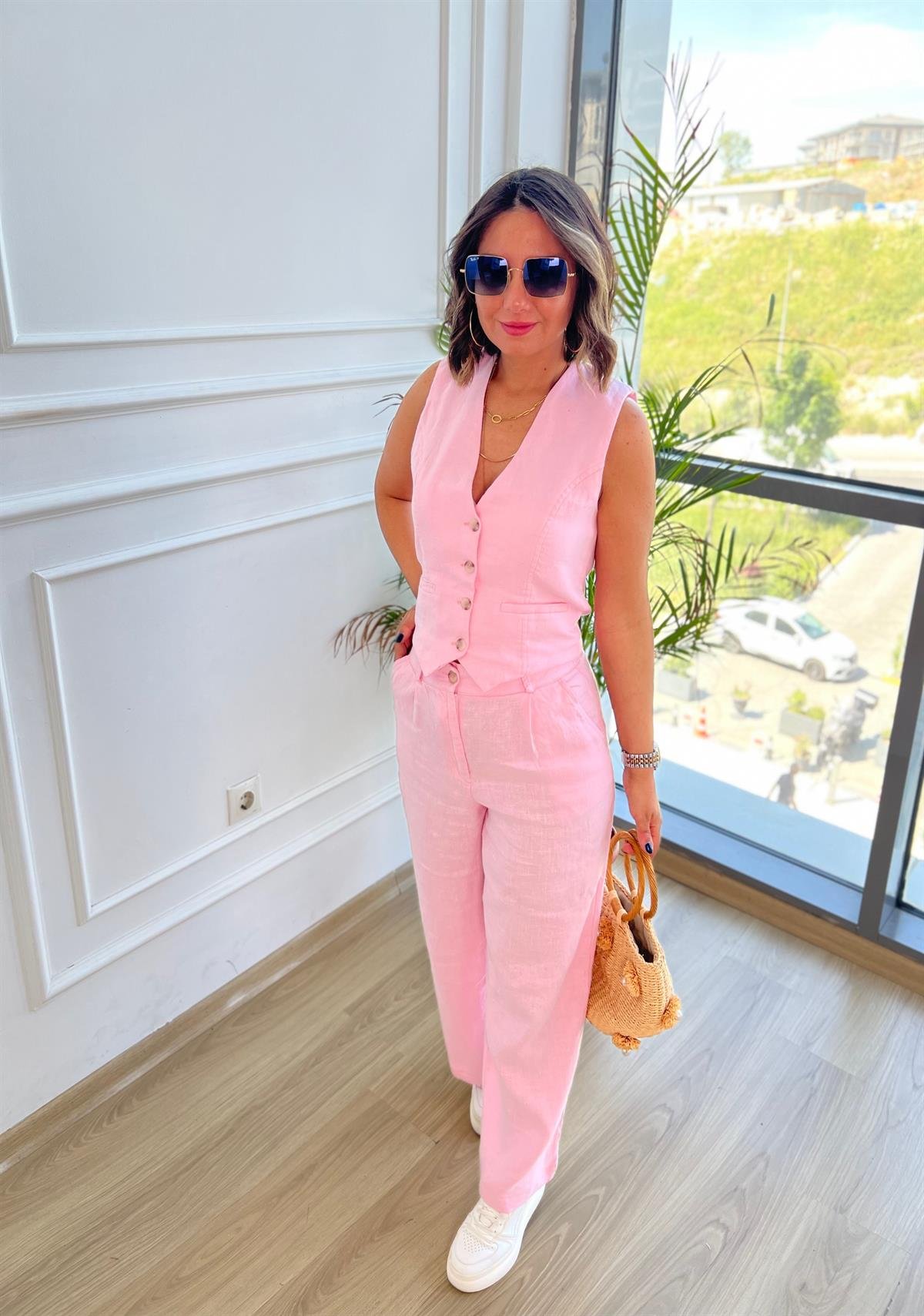 Pembe Keten Pantolon