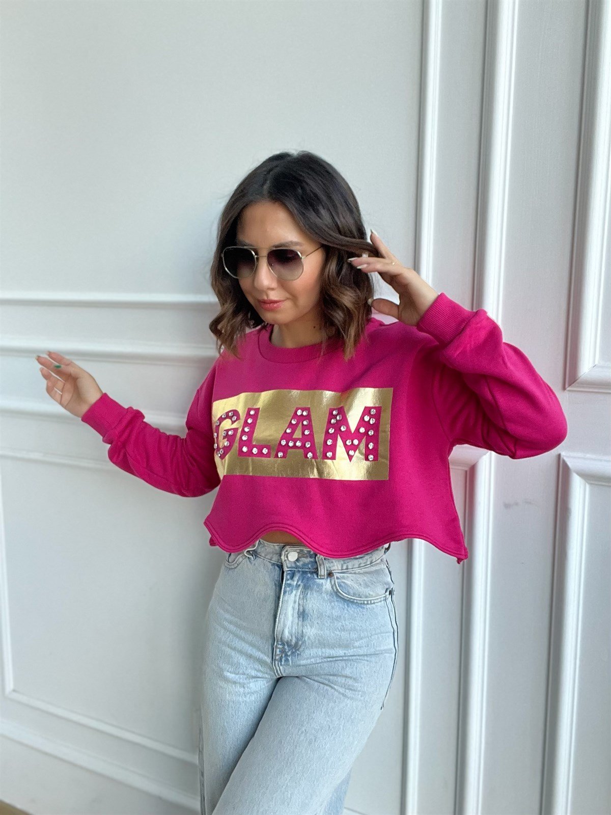 Pembe Taşlı Sweat Crop