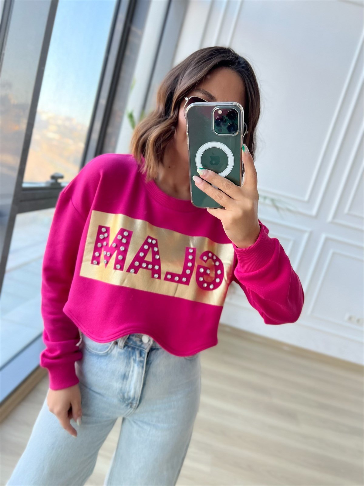 Pembe Taşlı Sweat Crop
