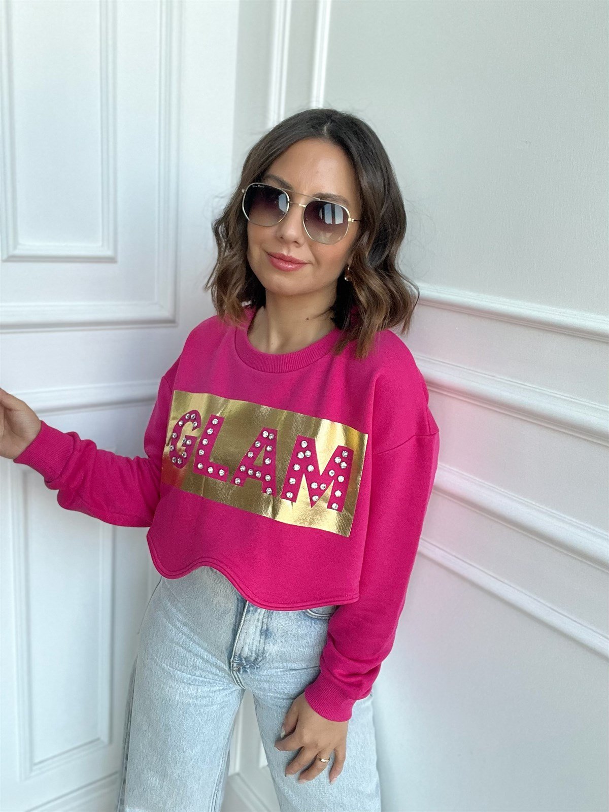 Pembe Taşlı Sweat Crop