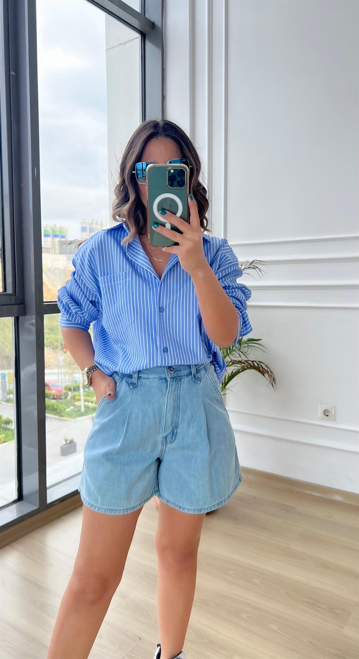 Piliseli Denim Şort