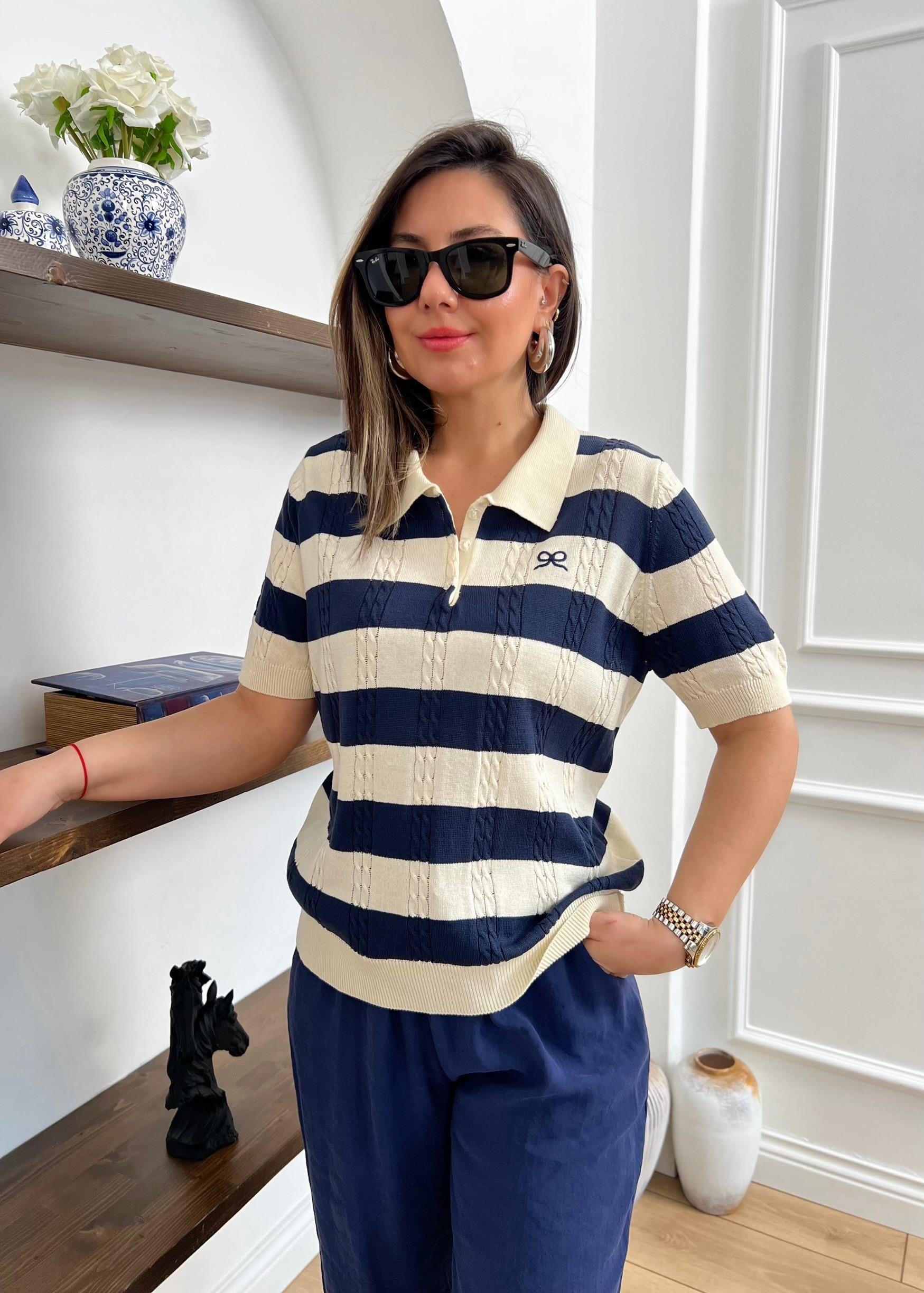 Polo Yaka Çizgili Merserize Bluz