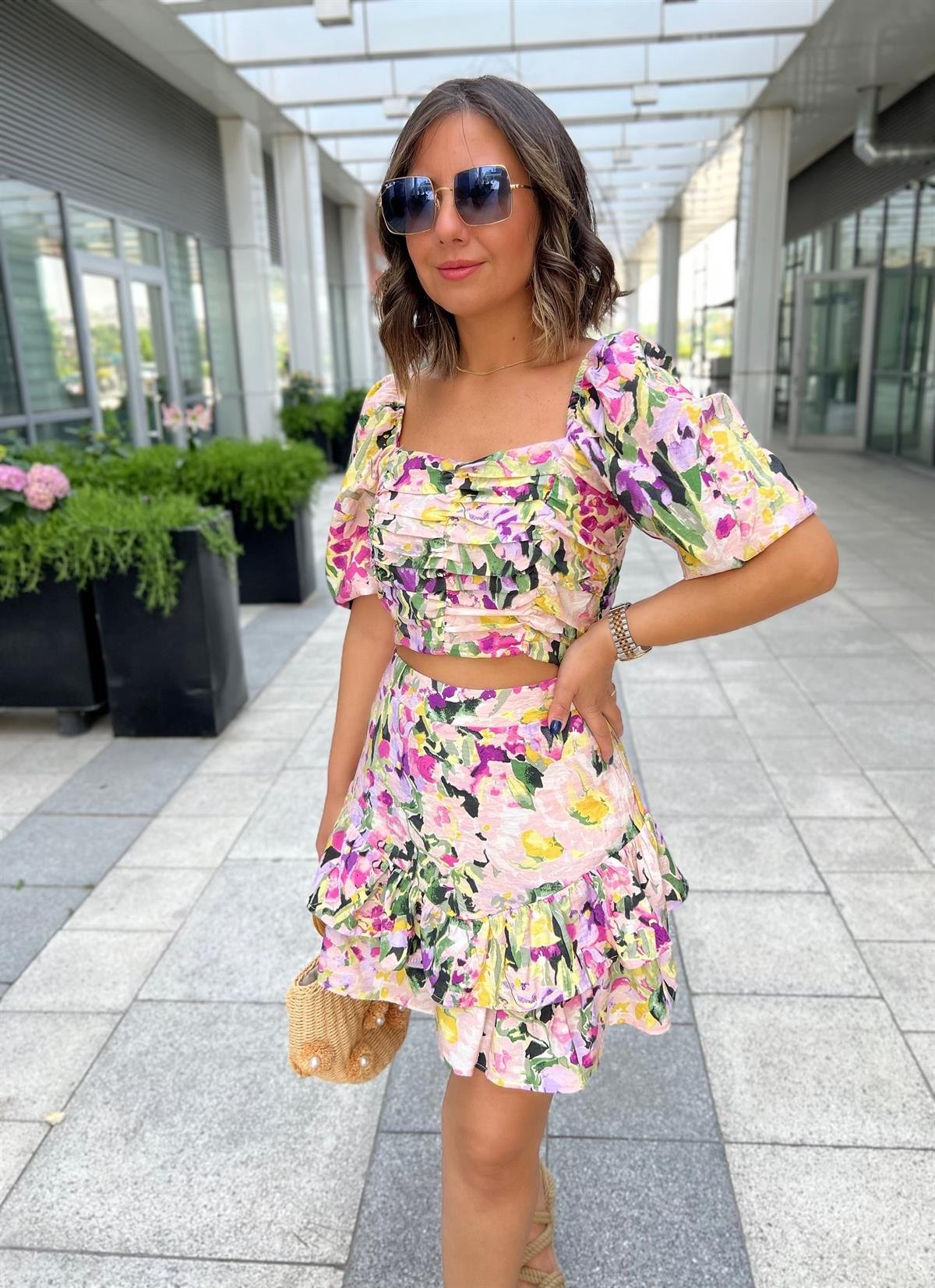 Renkli Karpuz Kol Crop Bluz