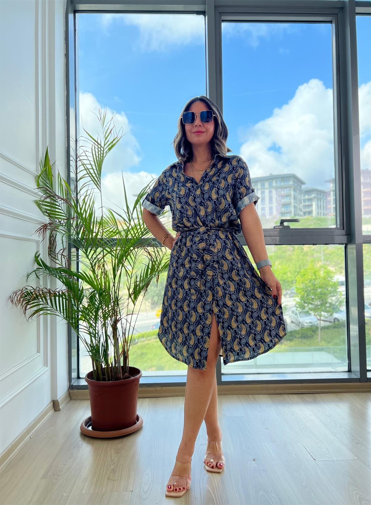 Şal Desenli Gömlek Elbise 