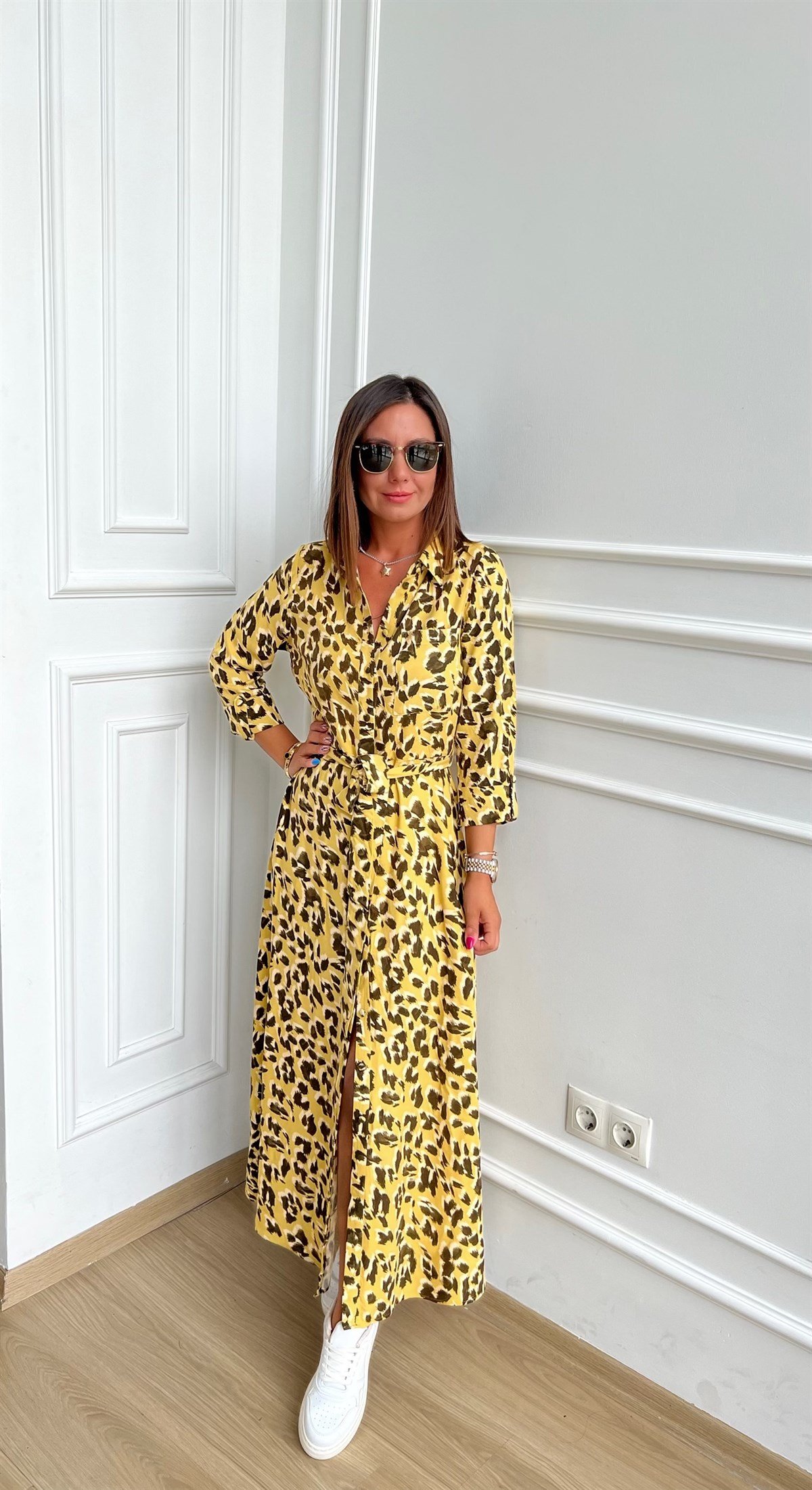 Sarı Leopar Desenli Gömlek Elbise