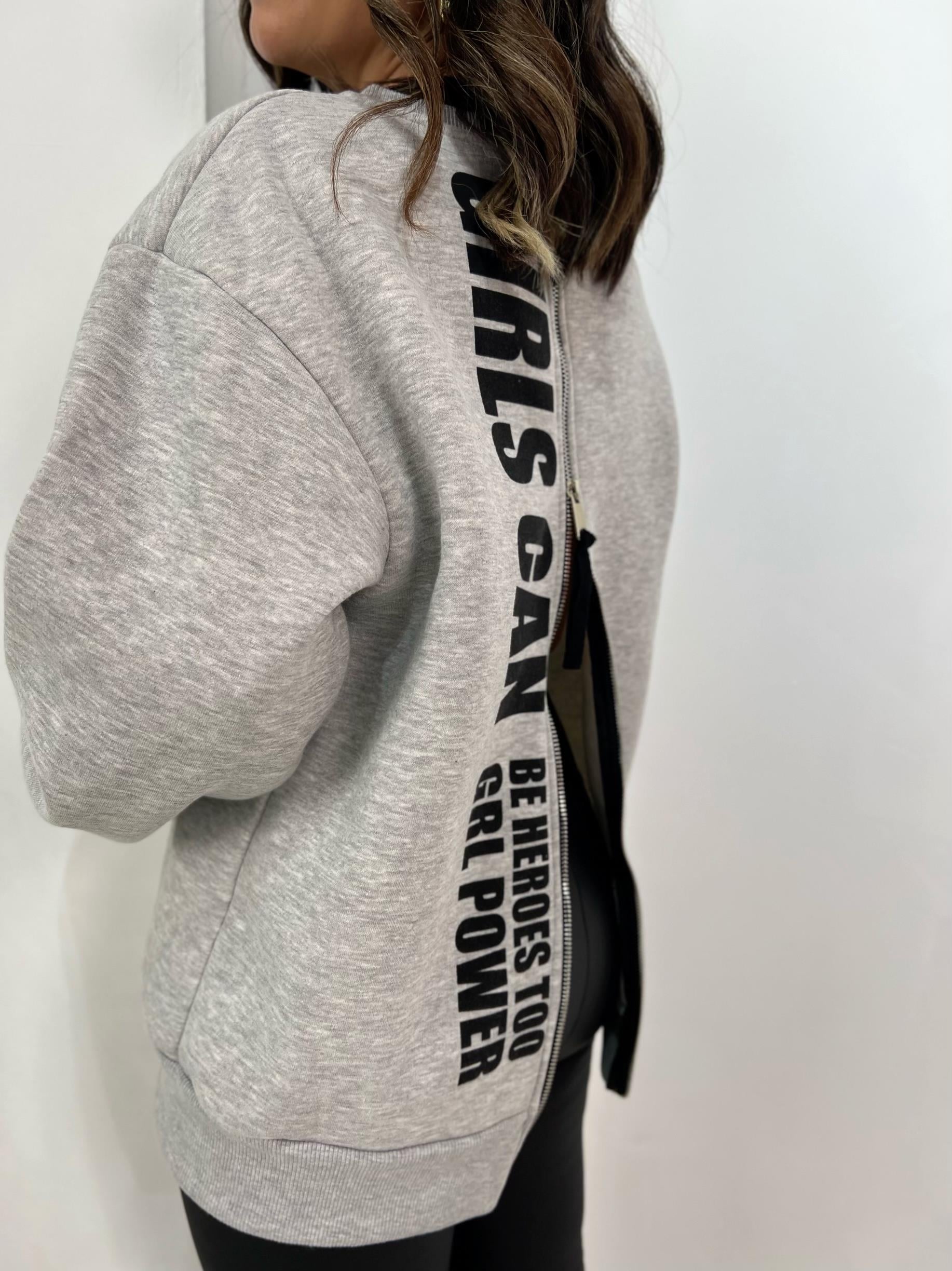 Sırtı Fermuarlı Gri Sweat