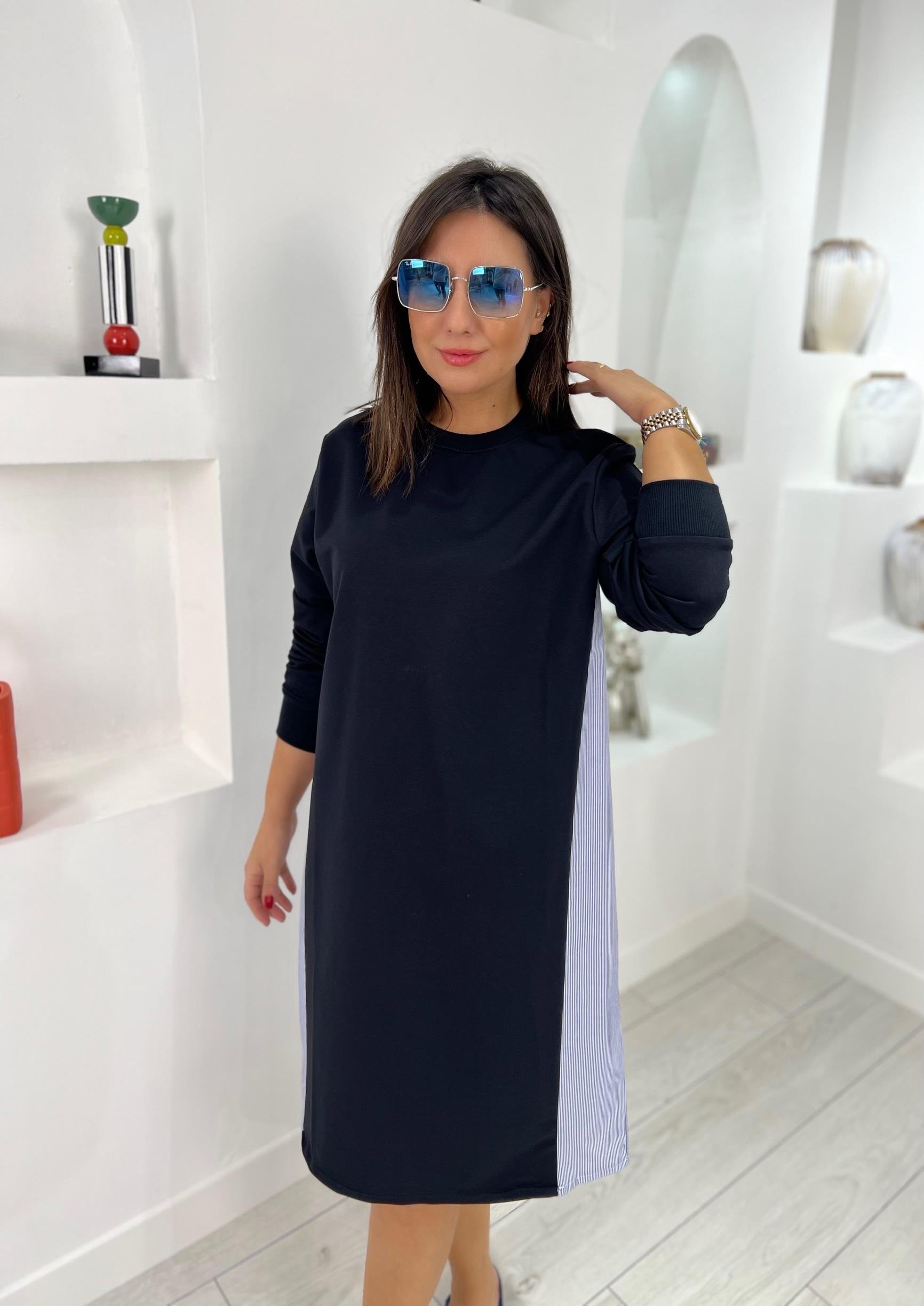 Sirti Poplin Detaylı Lacivert Elbise