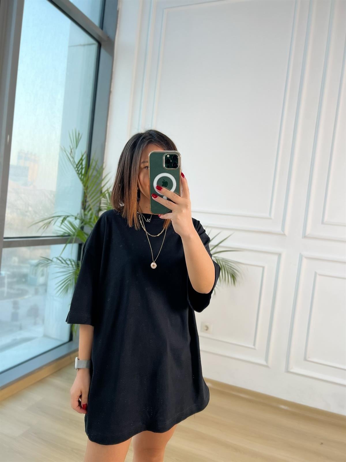 Siyah Bisiklet Yaka Oversize Tişört