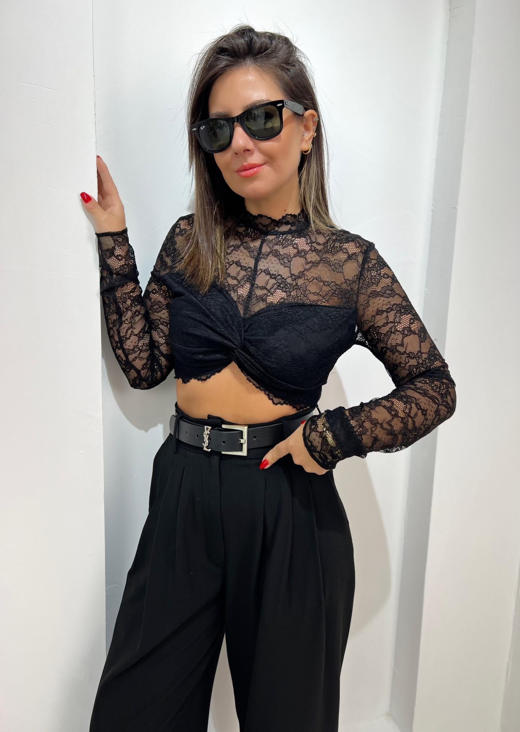 Siyah Dantel Crop Bluz