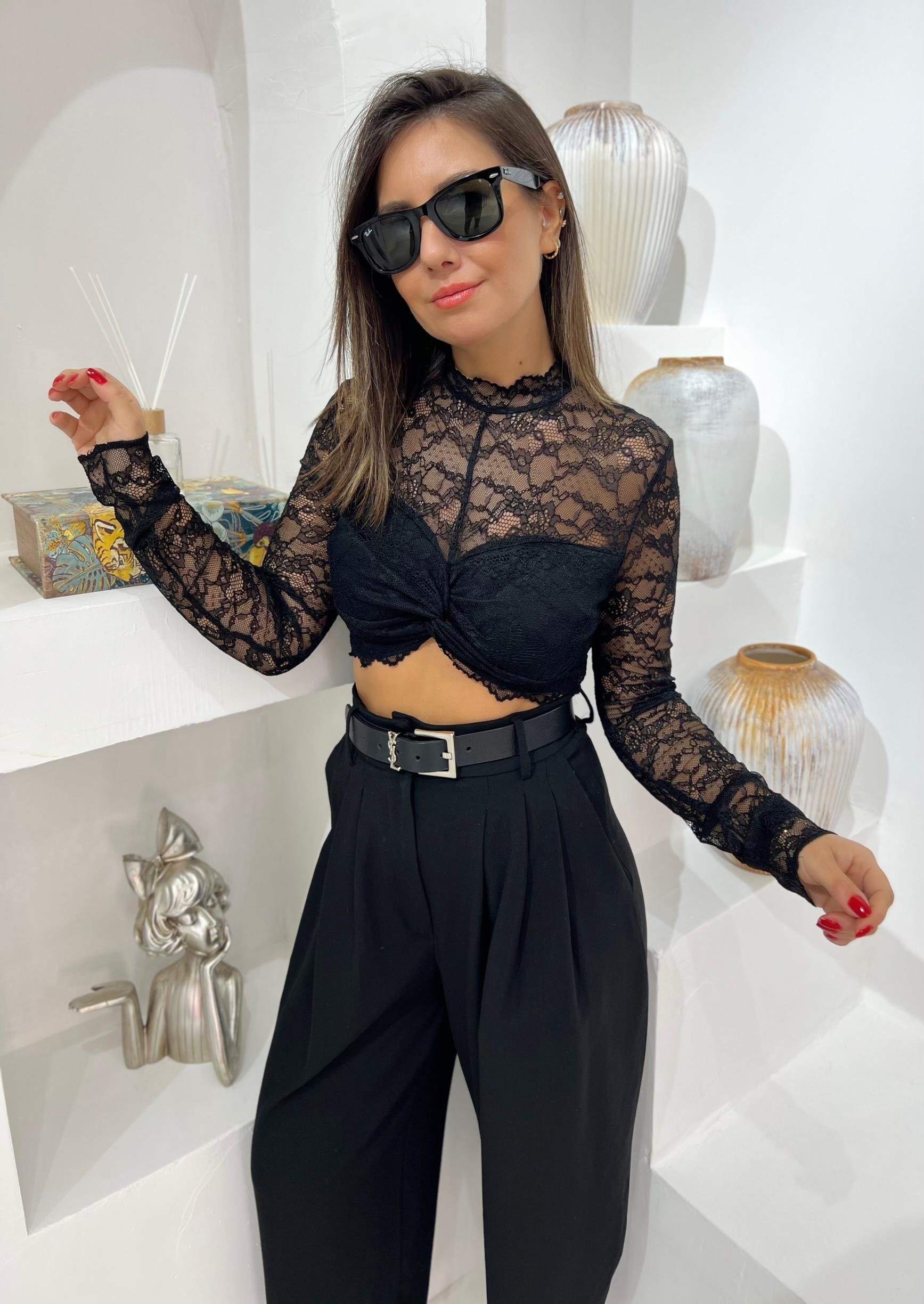 Siyah Dantel Crop Bluz
