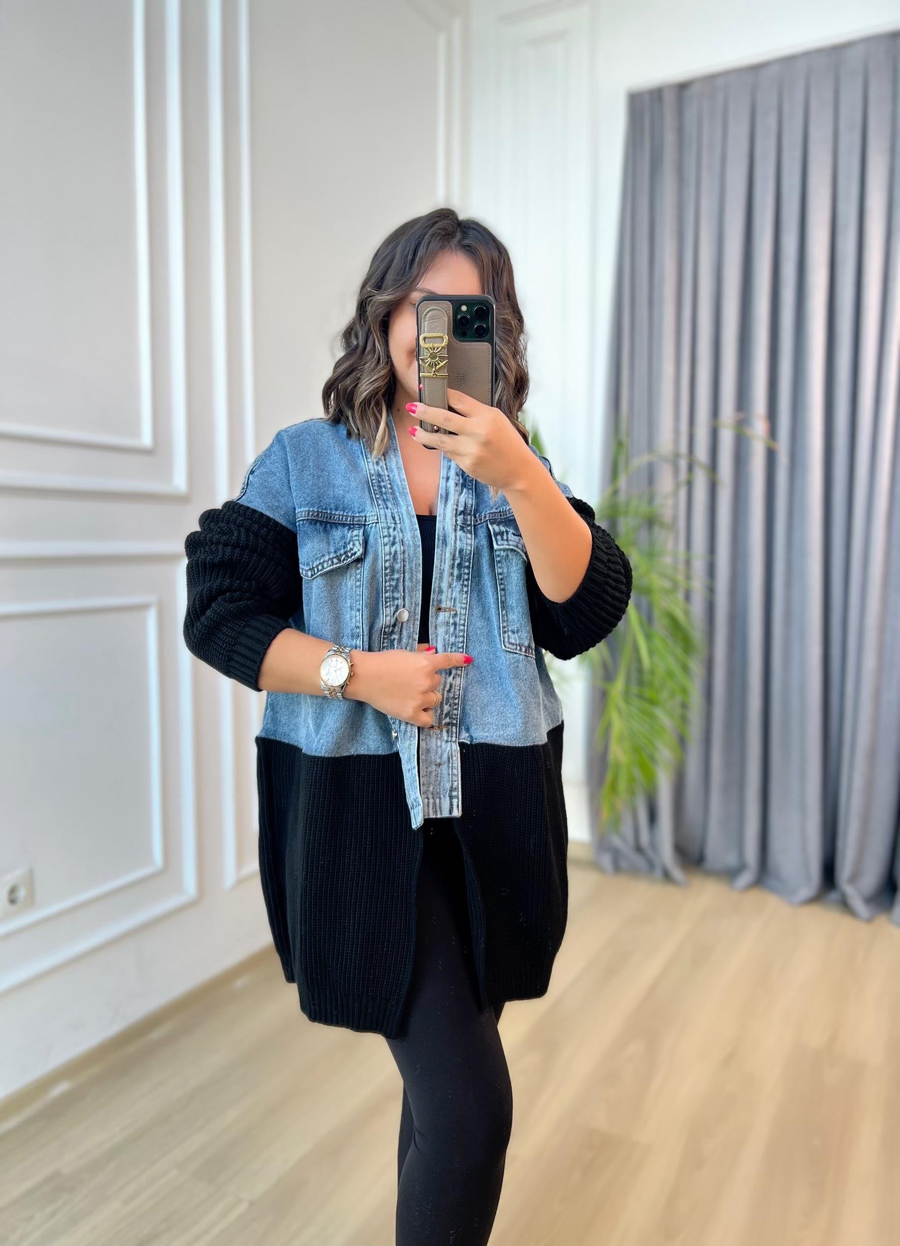 Siyah Denim Garnili Triko Hırka