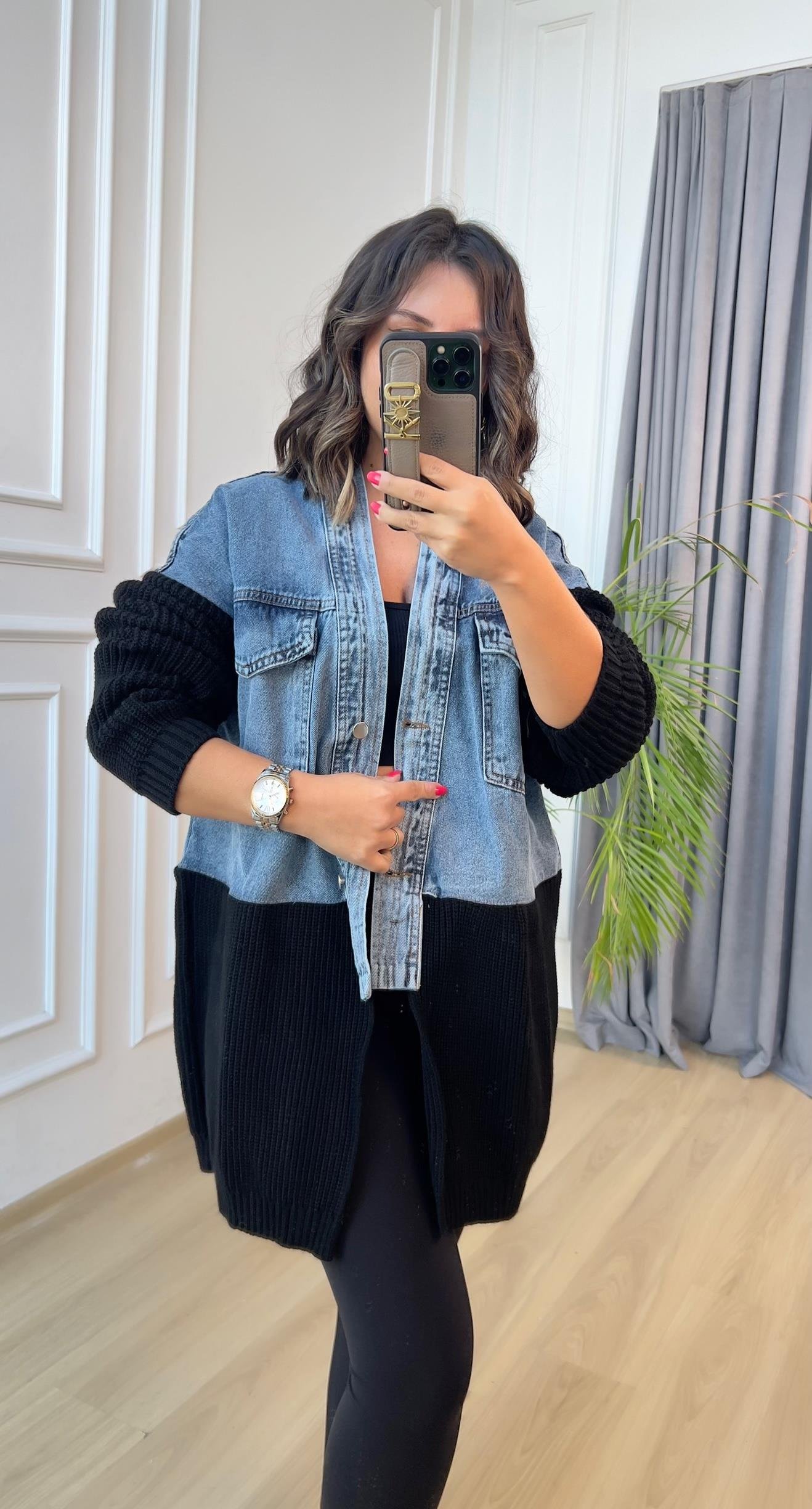 Siyah Denim Garnili Triko Hırka