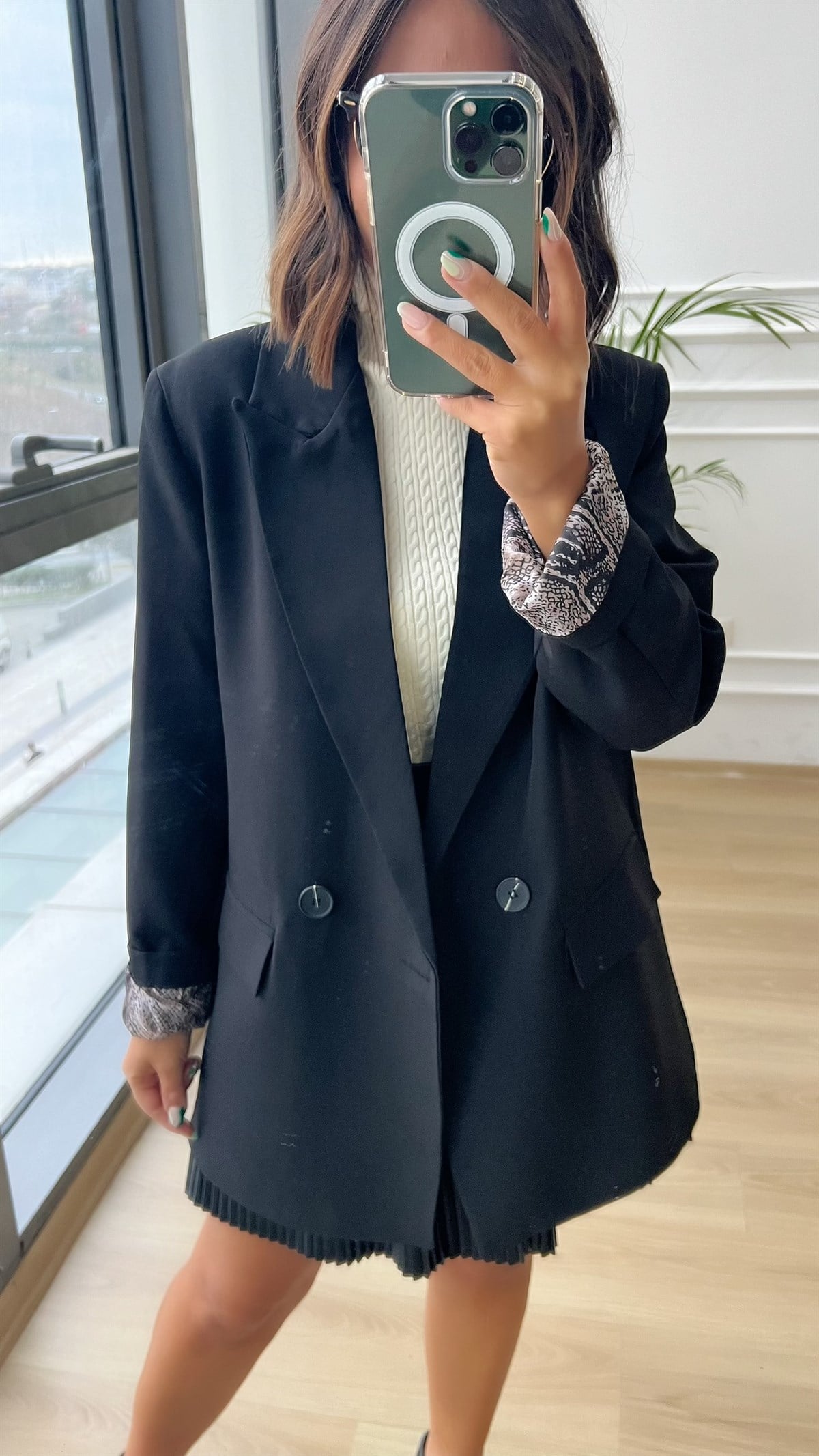 Siyah Leopar Astarlı Blazer Ceket