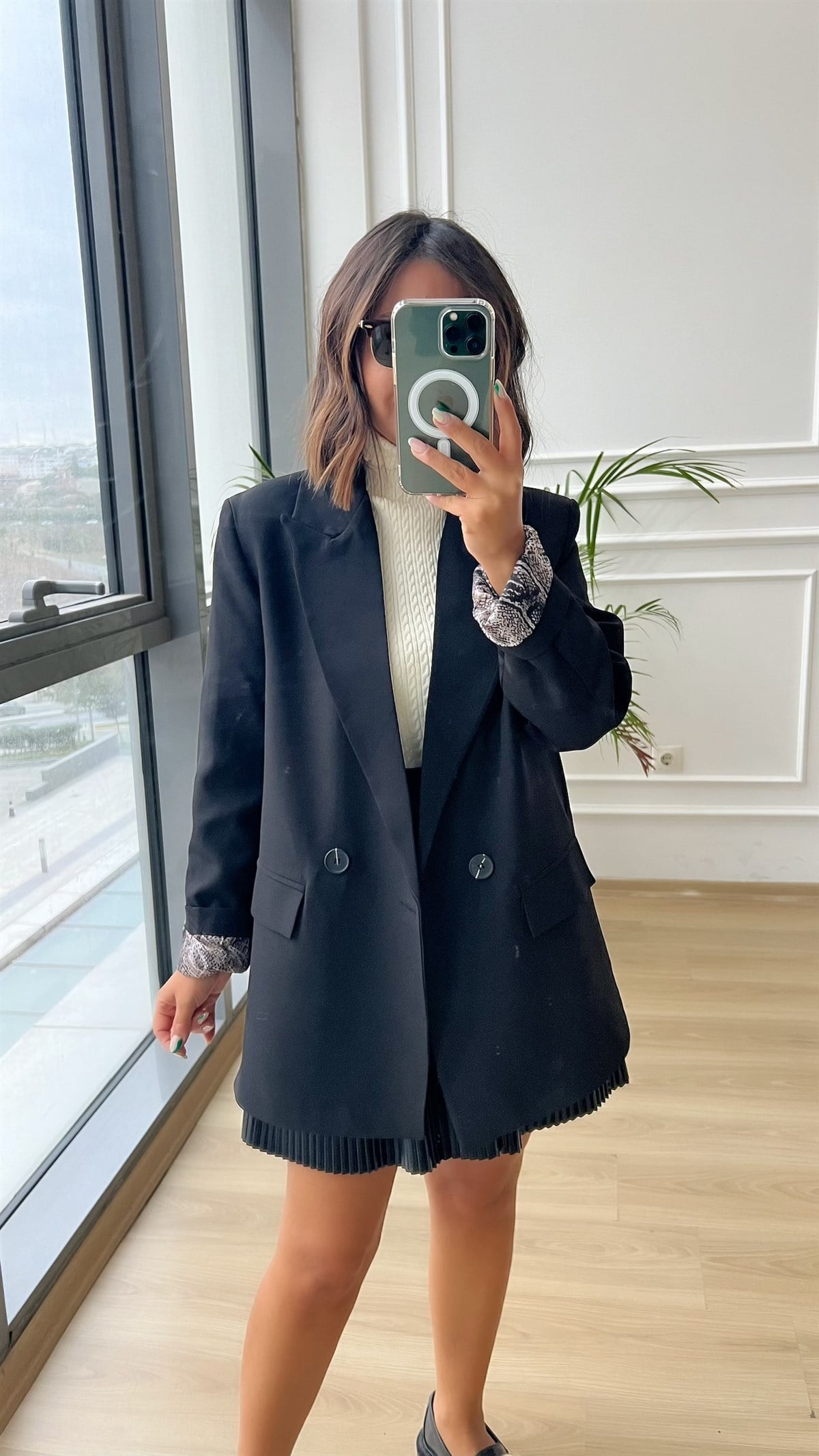 Siyah Leopar Astarlı Blazer Ceket