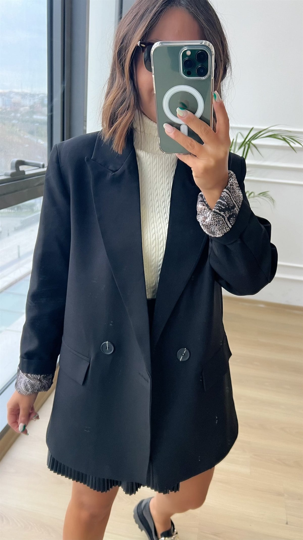 Siyah Leopar Astarlı Blazer Ceket