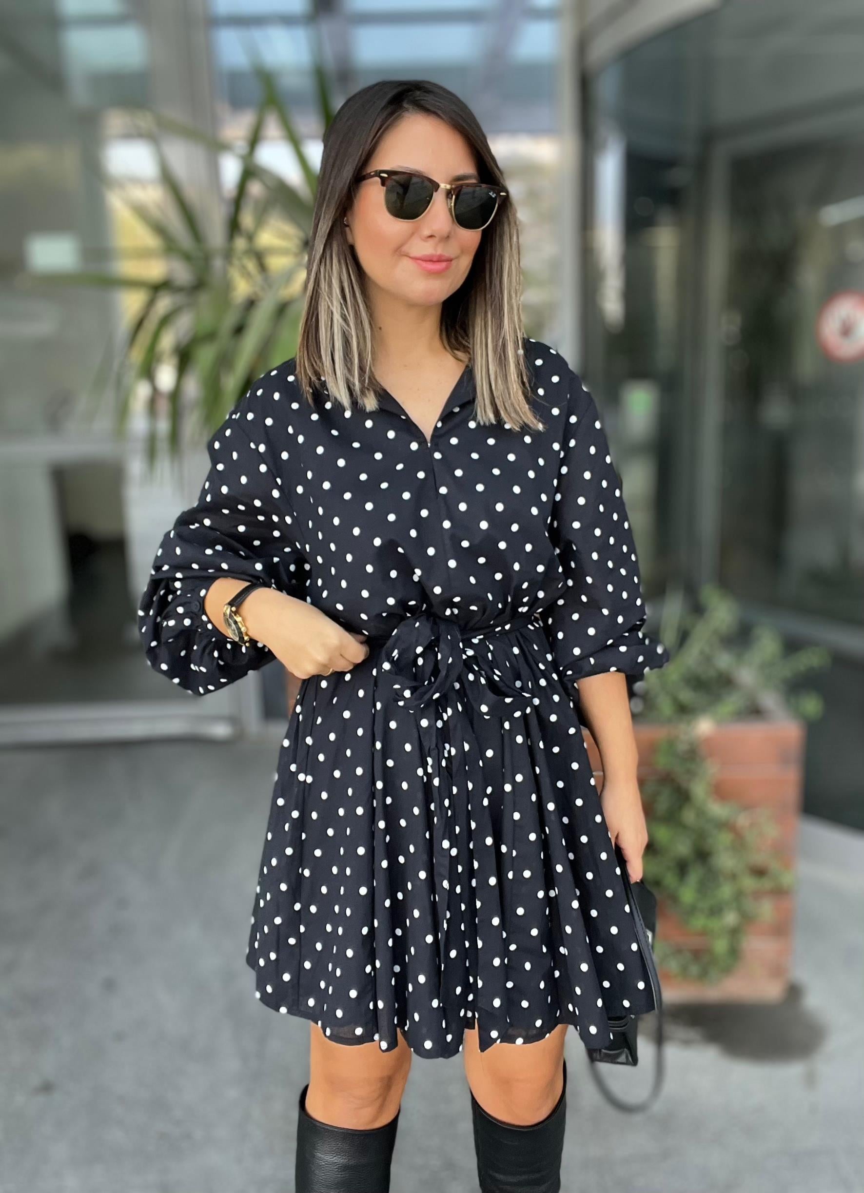 Siyah Puantiyeli Godeli Elbise