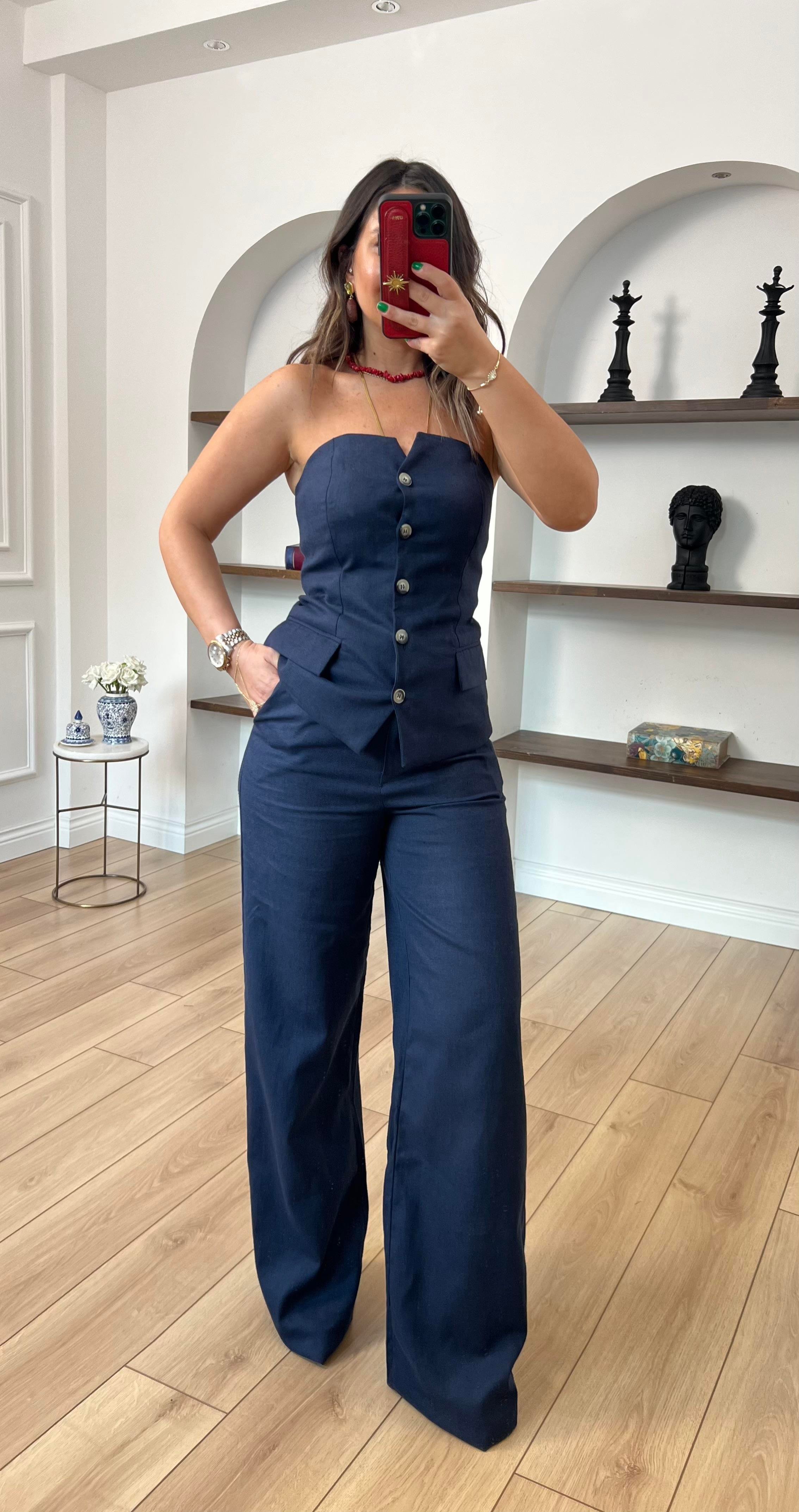 Straplez Bluz Pantolonlu Takım