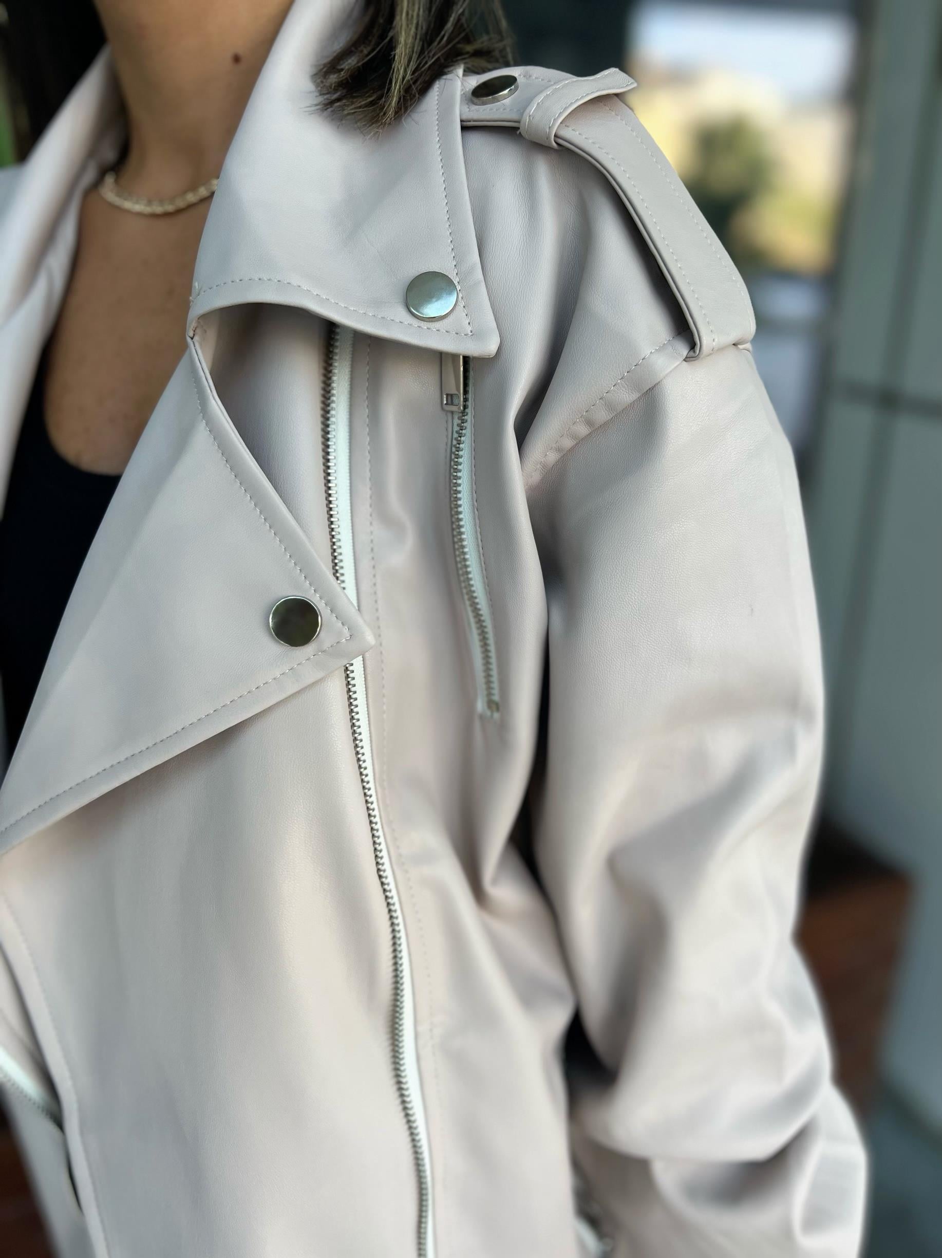 Taş Rengi Oversize Deri Ceket