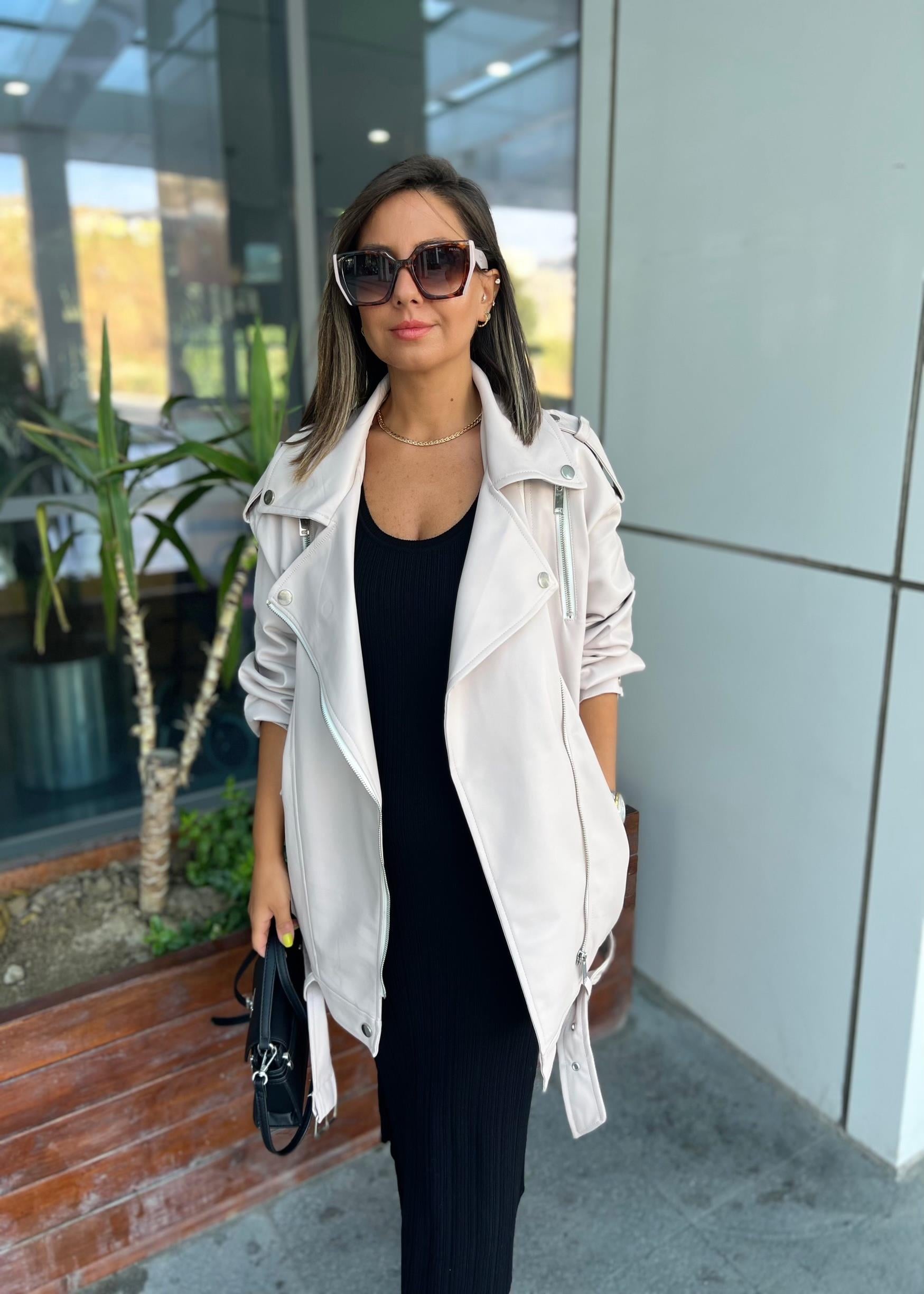 Taş Rengi Oversize Deri Ceket