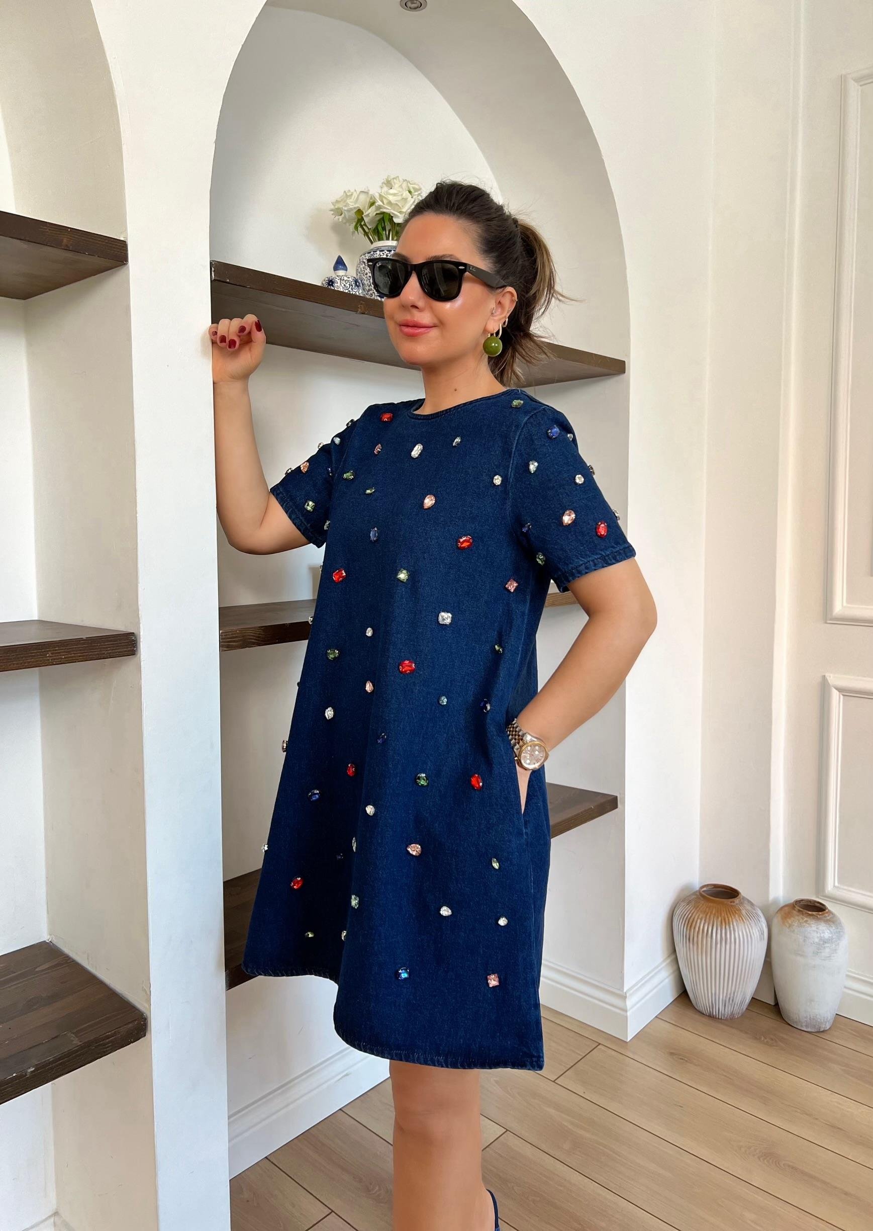 Taşlı Mavi Denim Elbise