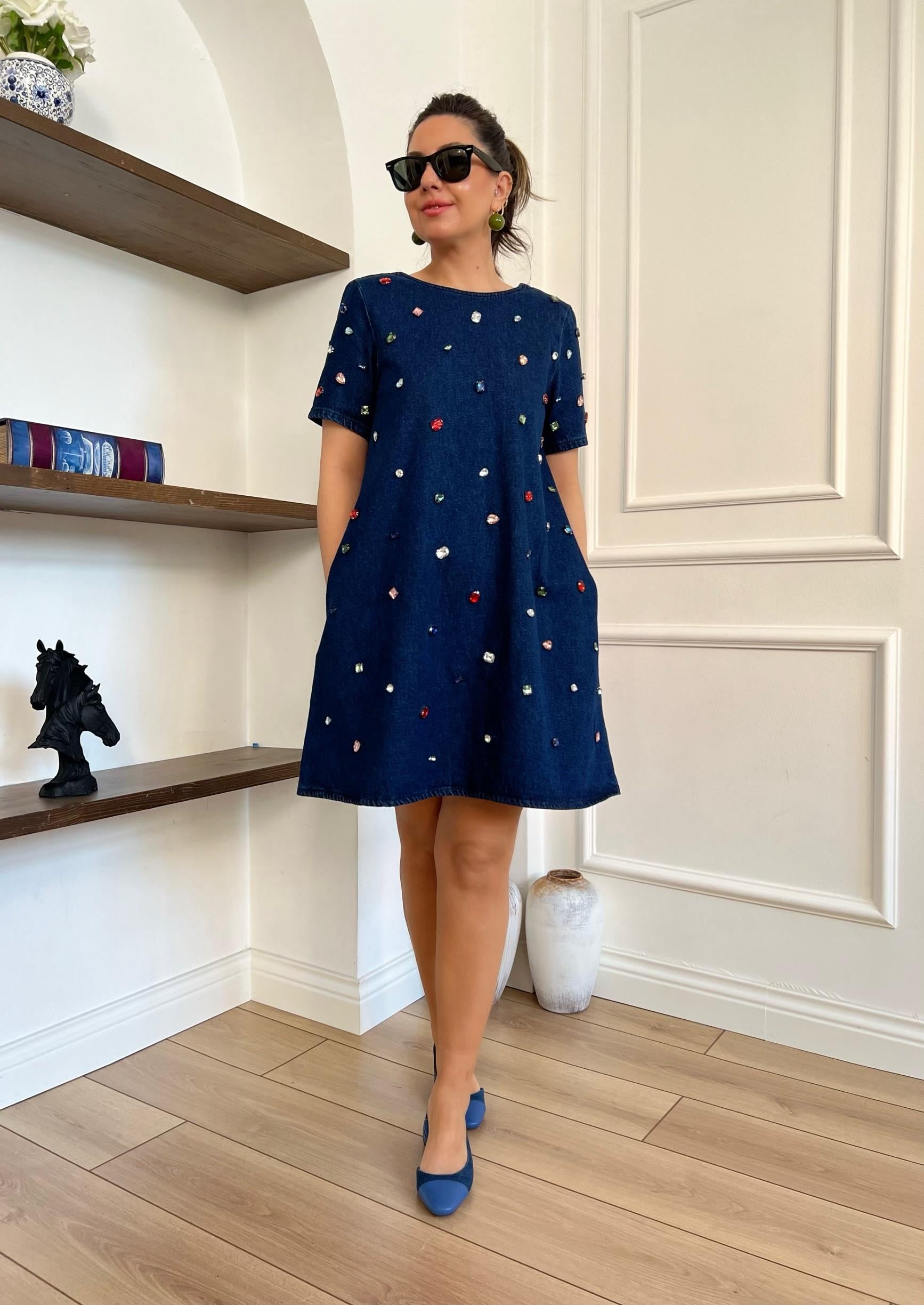 Taşlı Mavi Denim Elbise