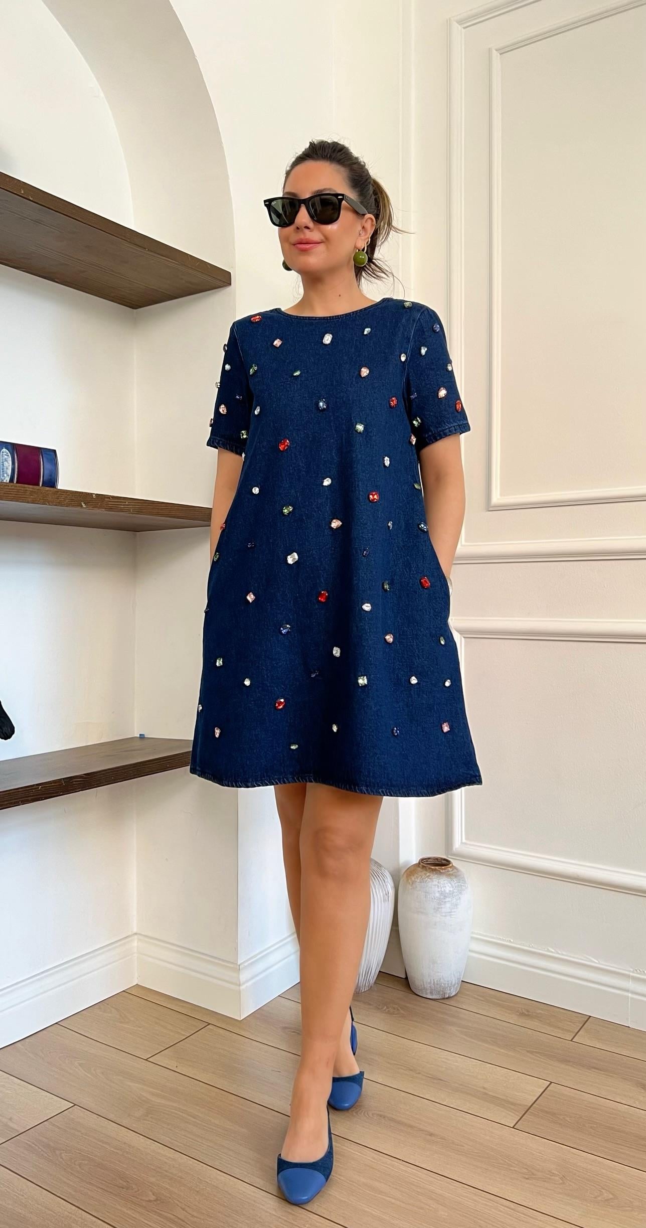 Taşlı Mavi Denim Elbise