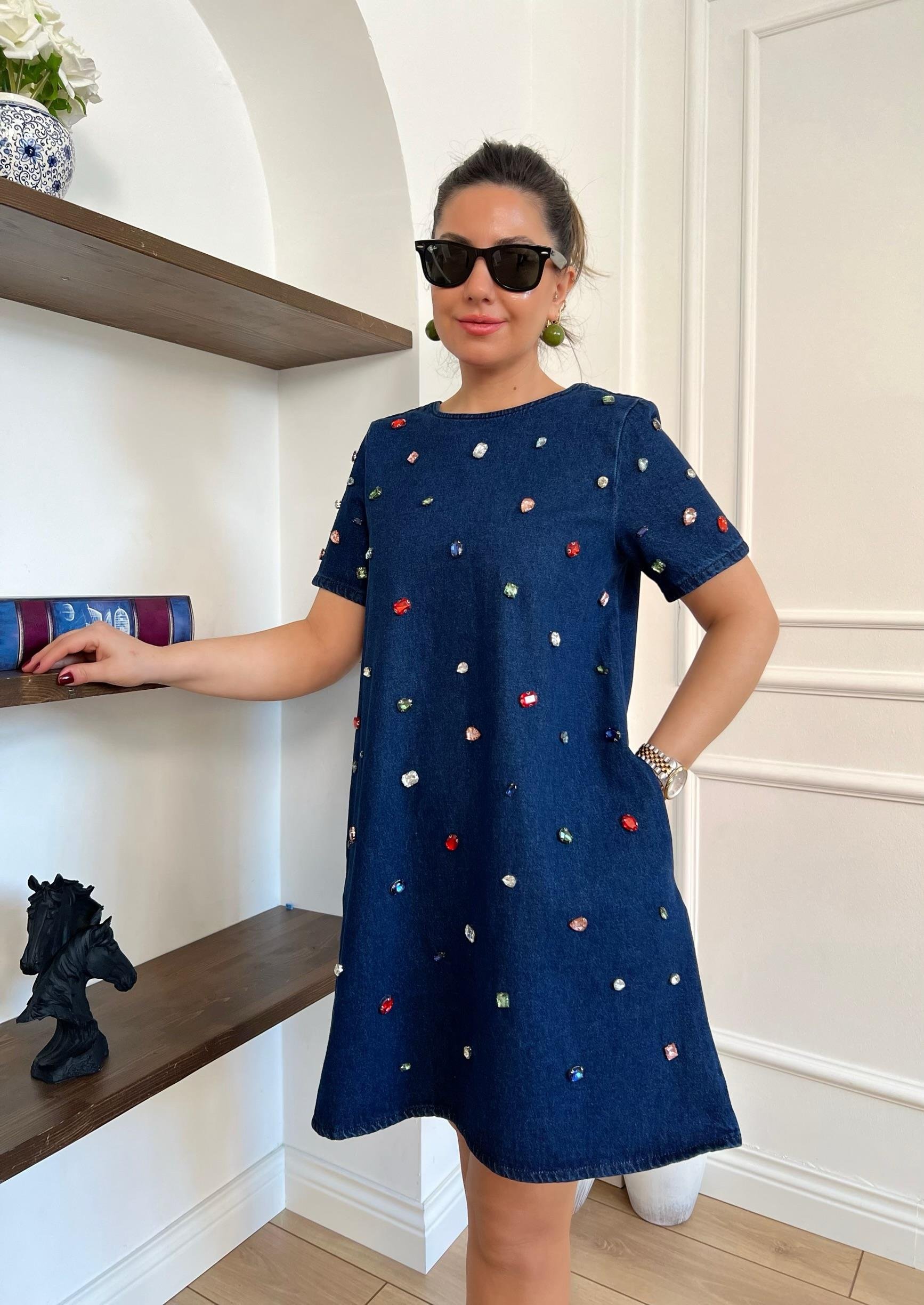 Taşlı Mavi Denim Elbise