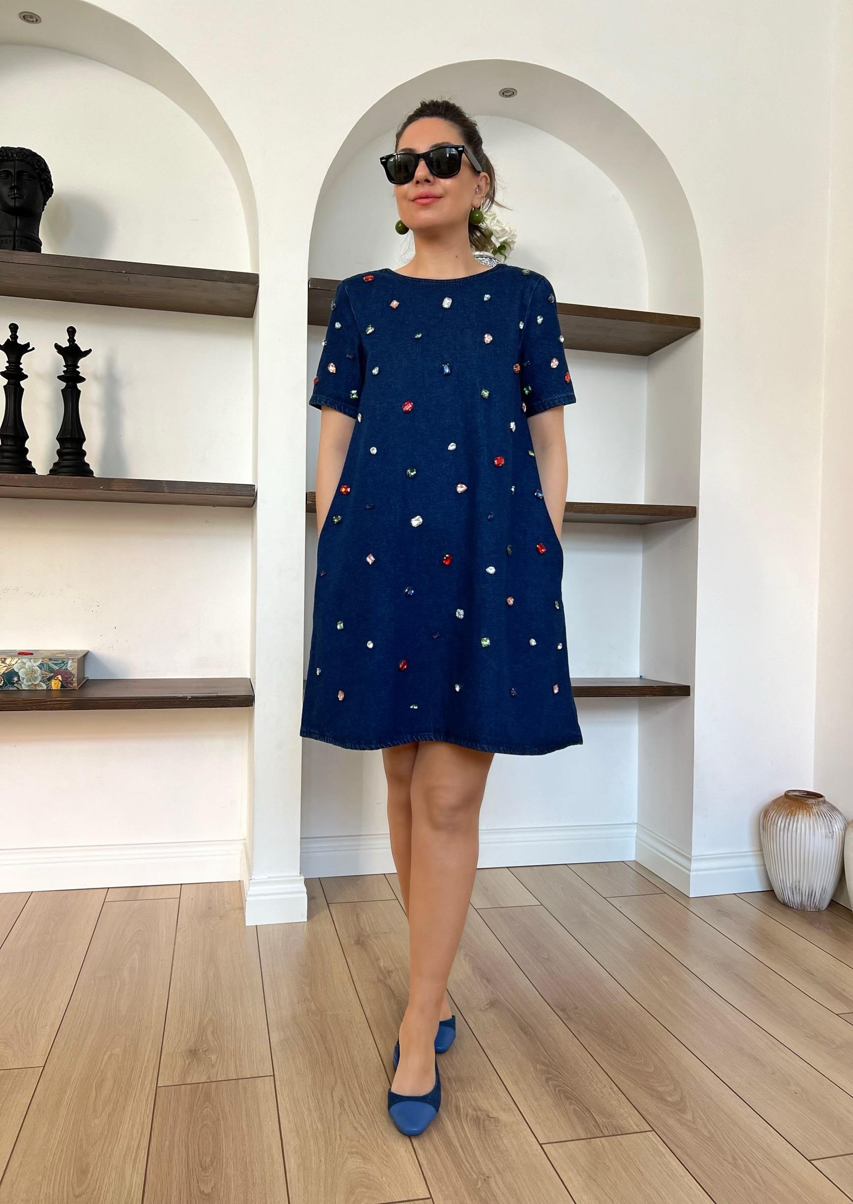 Taşlı Mavi Denim Elbise