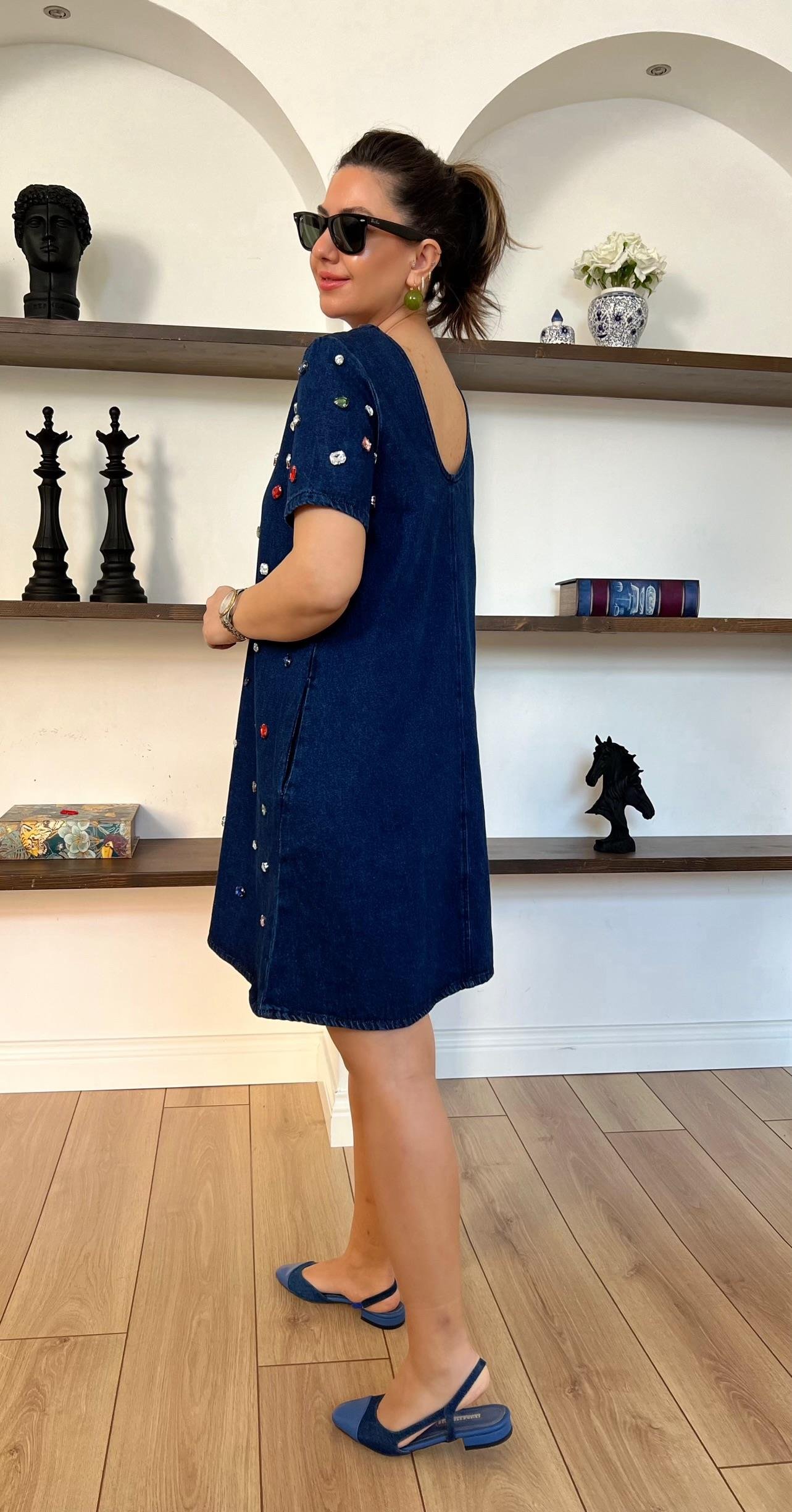 Taşlı Mavi Denim Elbise