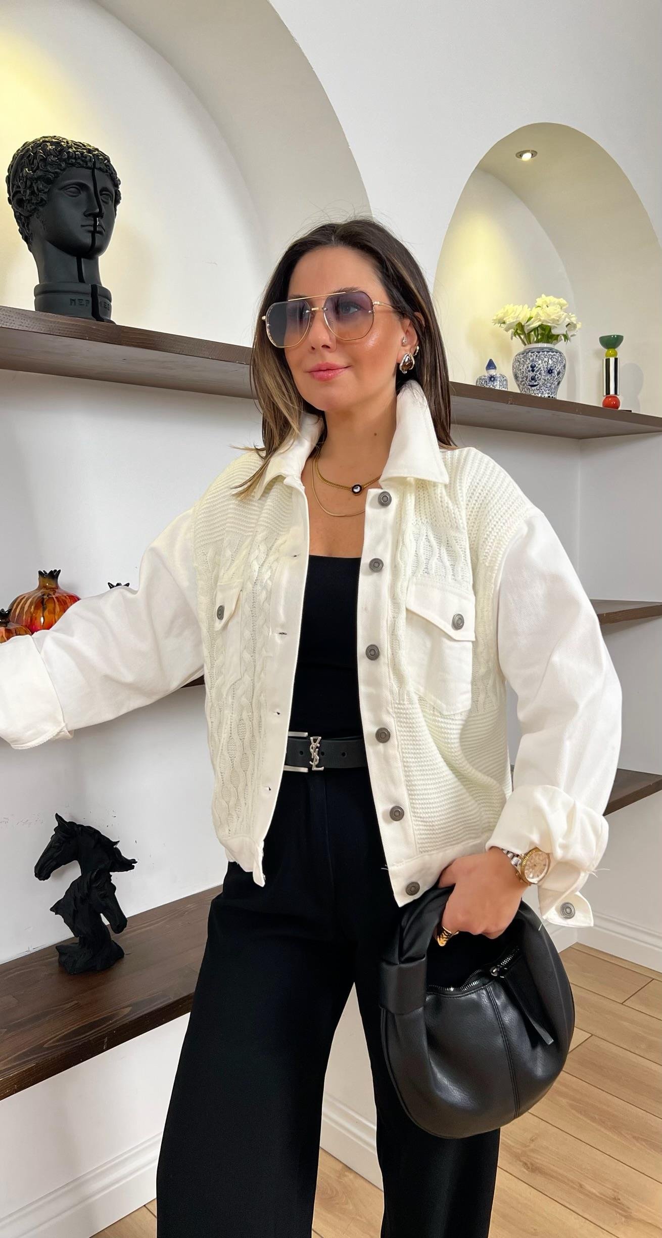 Triko Garnili Ekru Denim Ceket