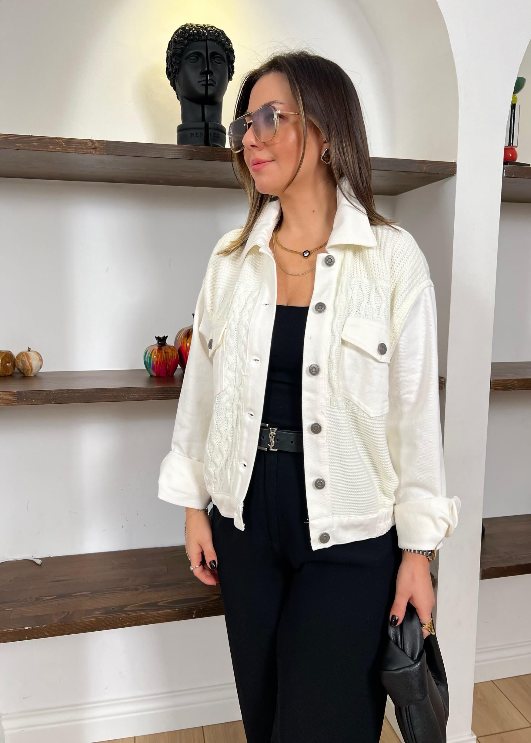 Triko Garnili Ekru Denim Ceket