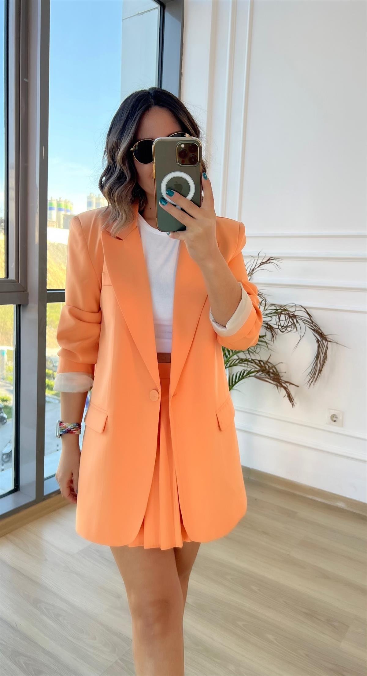 Turuncu Vatkalı Blazer Ceket