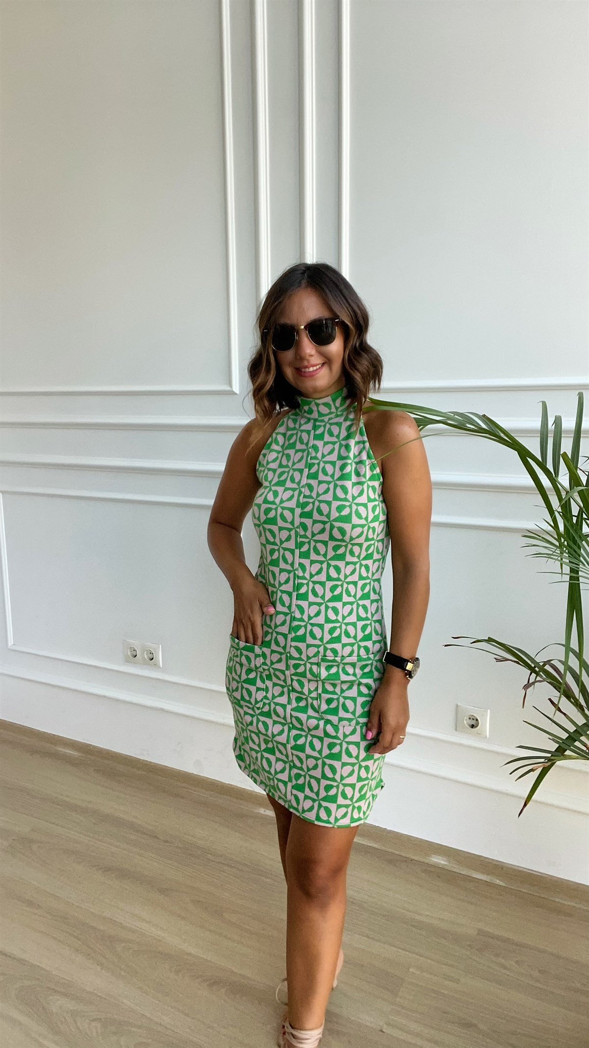 Yesil Desenli  Triko Elbise