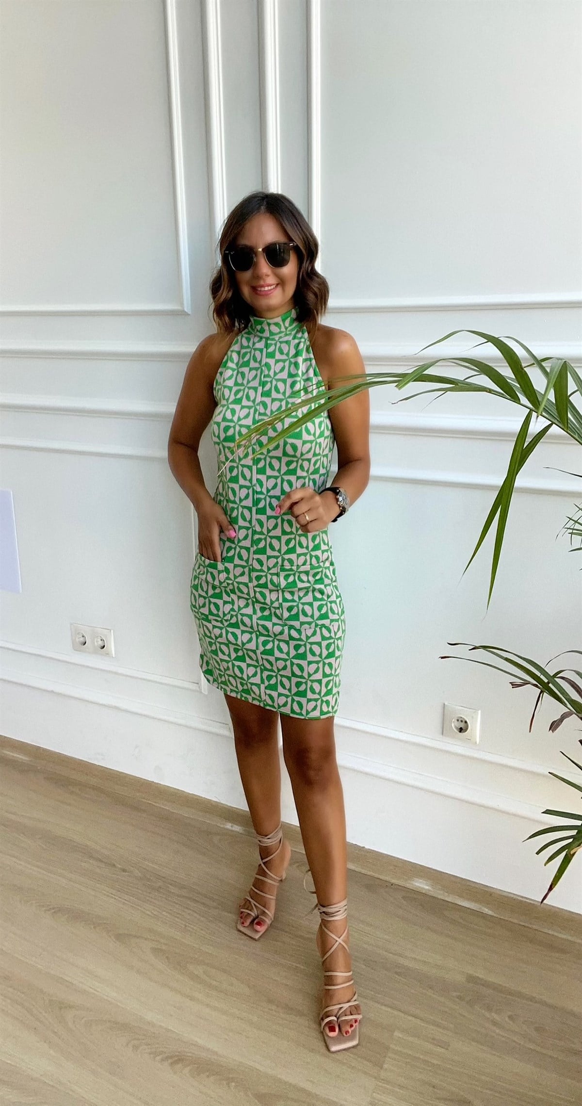 Yesil Desenli  Triko Elbise