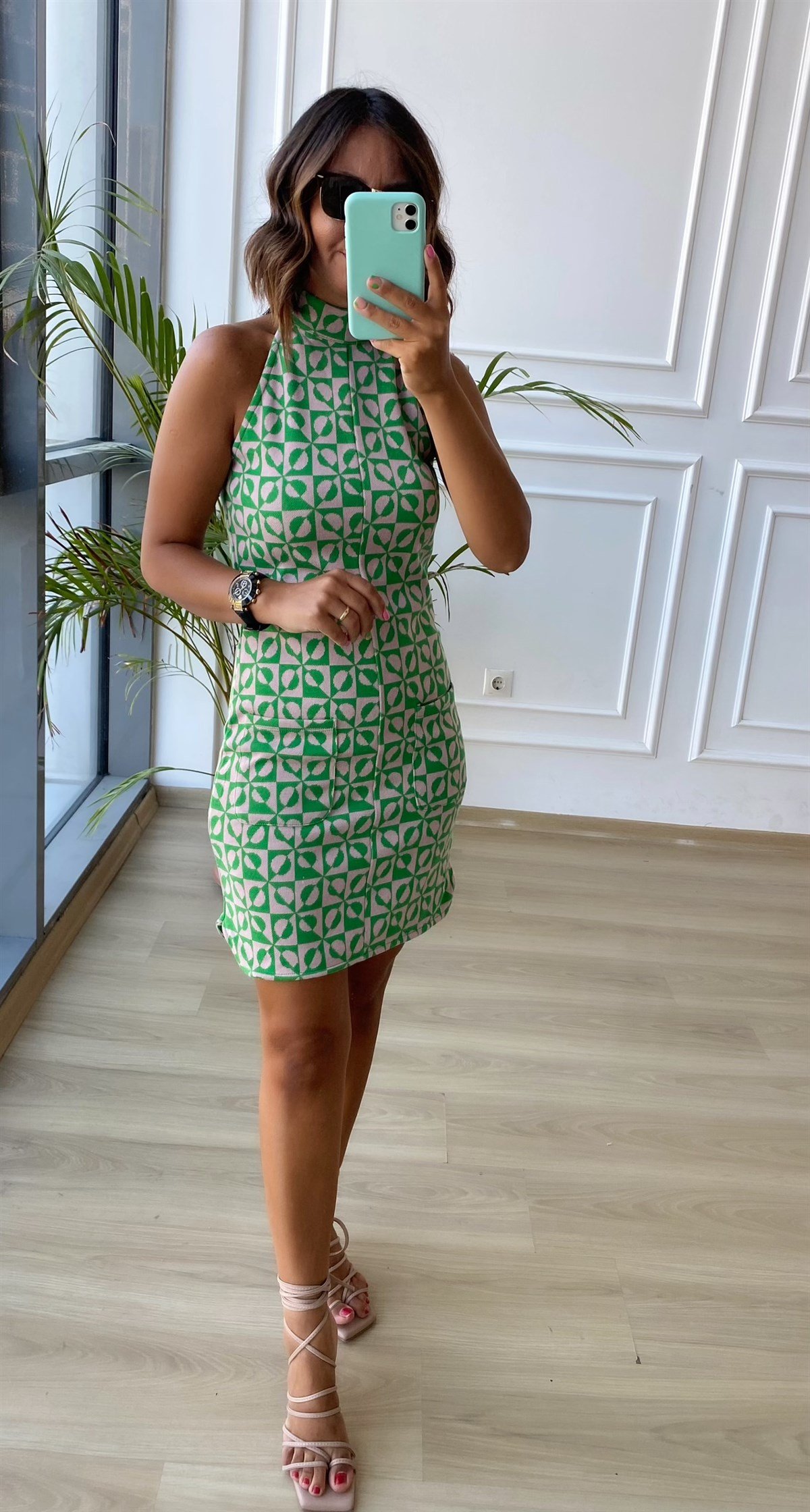 Yesil Desenli  Triko Elbise