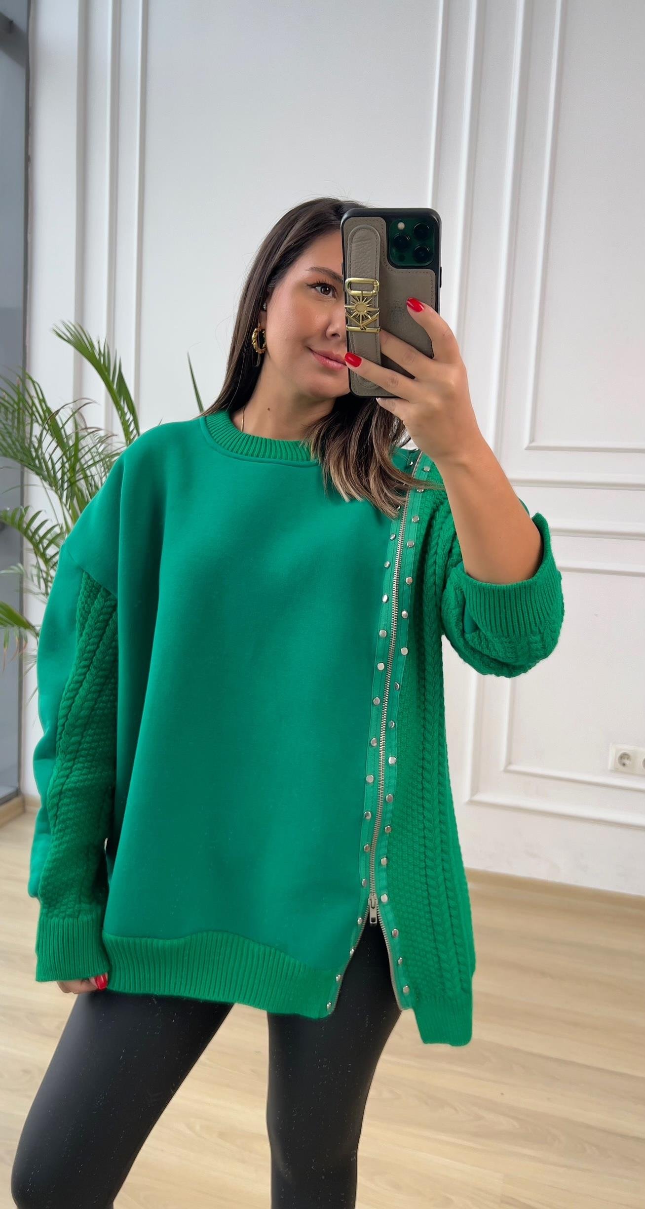 Yeşil Fermuarlı Triko Detaylı Sweat