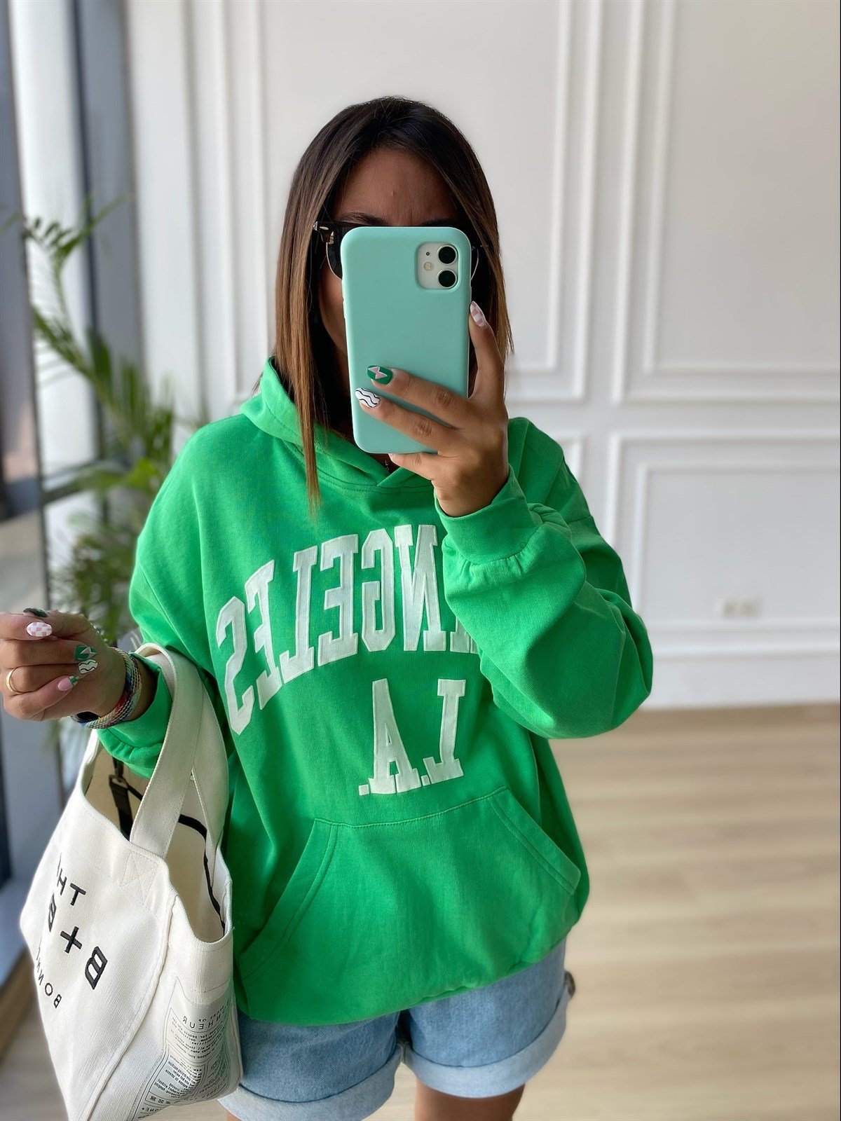 Yeşil Los Angeles İşlemeli Kapşonlu  Sweat
