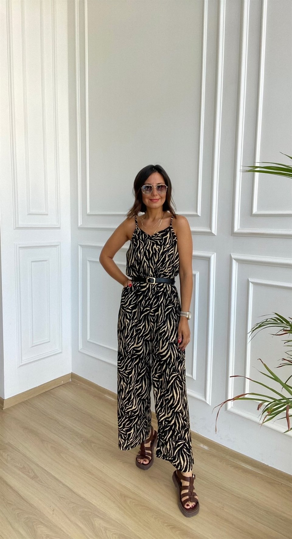 Zebra Desen Askılı Tulum