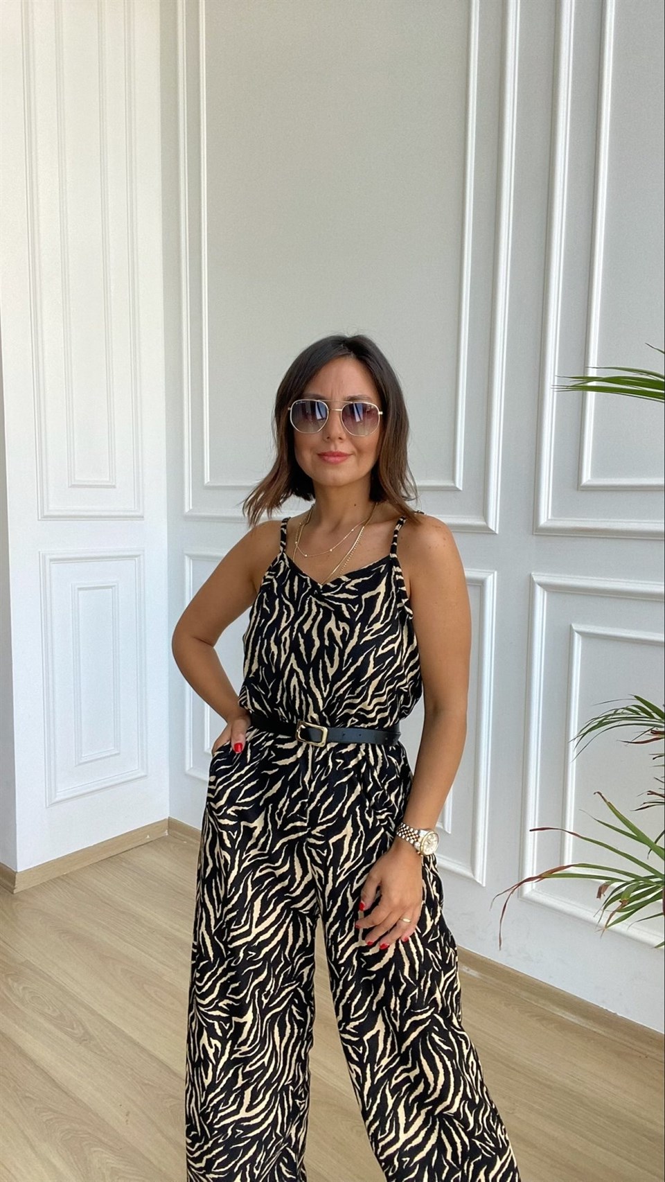 Zebra Desen Askılı Tulum
