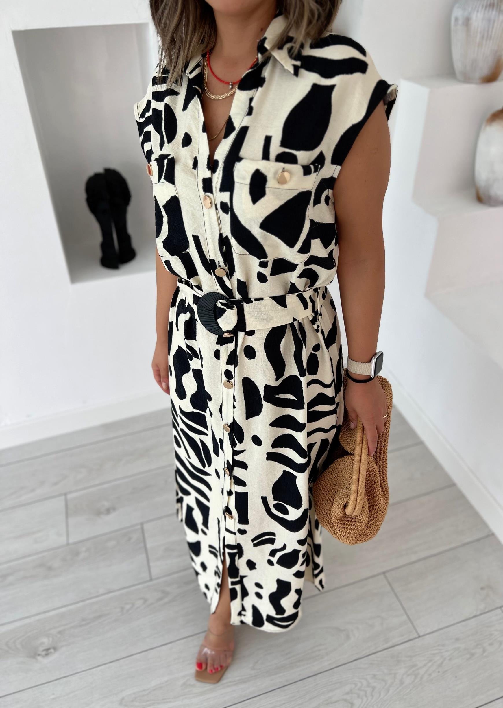 Zebra Desen Kemerli Elbise