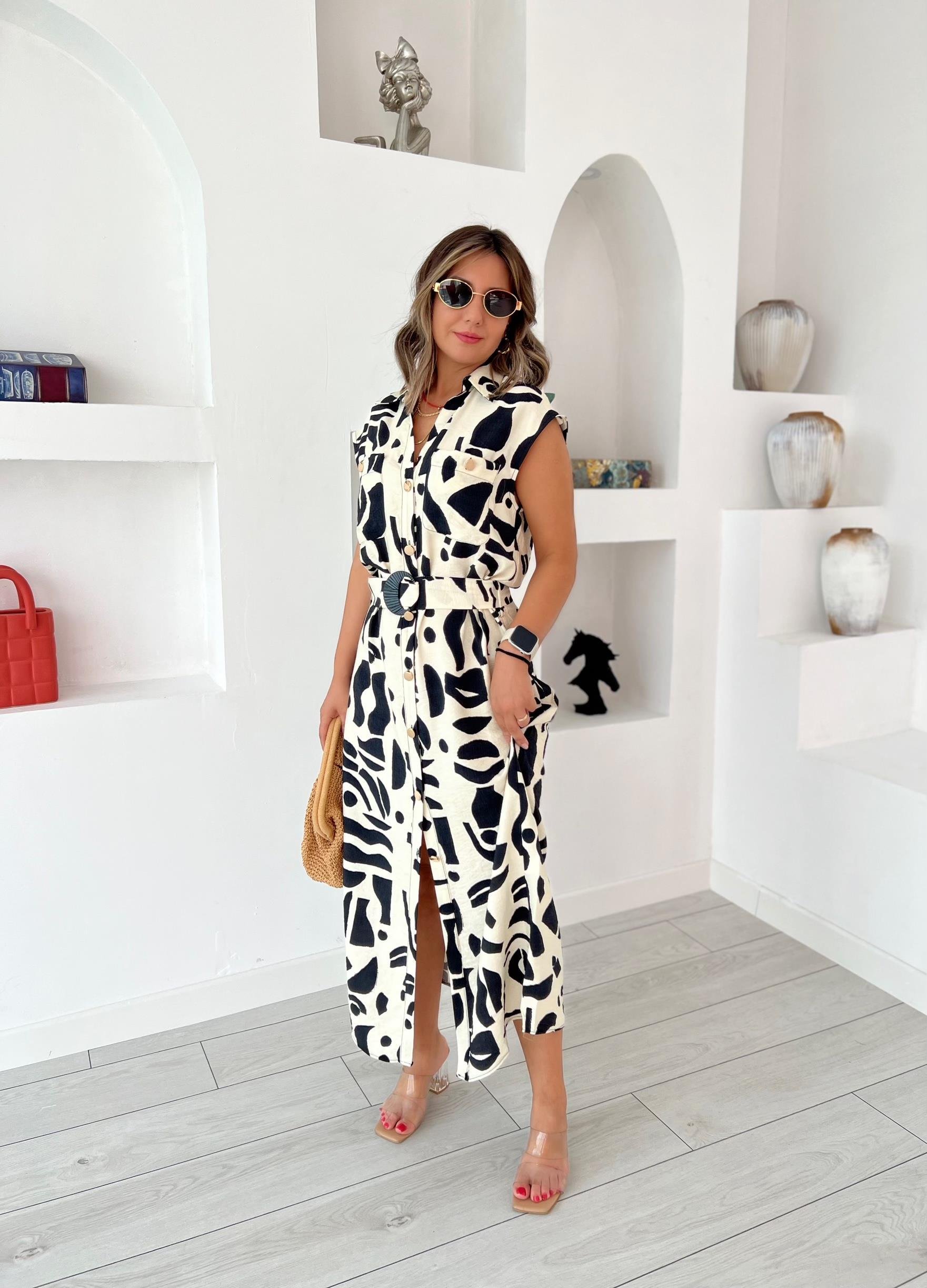 Zebra Desen Kemerli Elbise