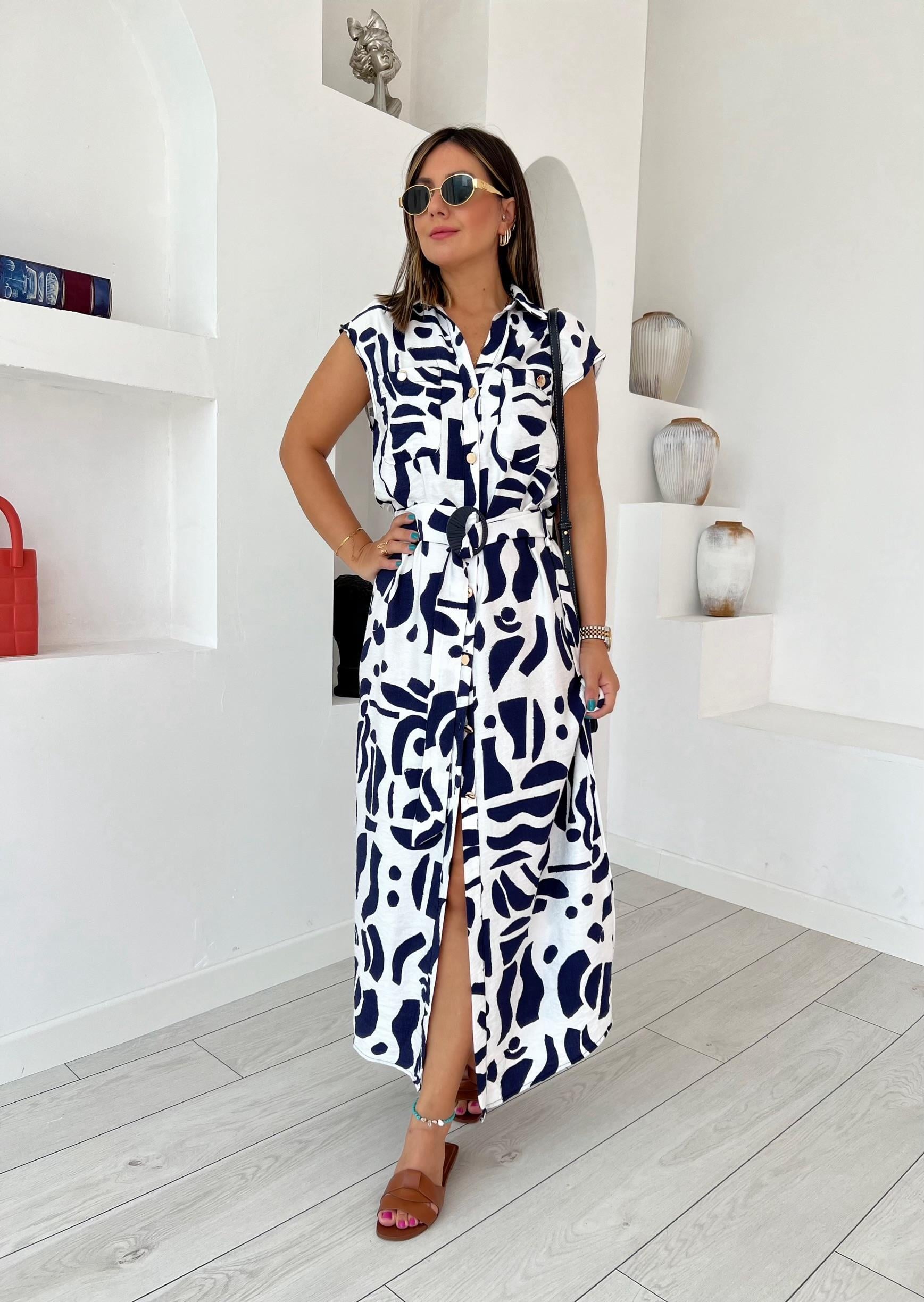 Zebra Desen Kemerli Lacivert Elbise
