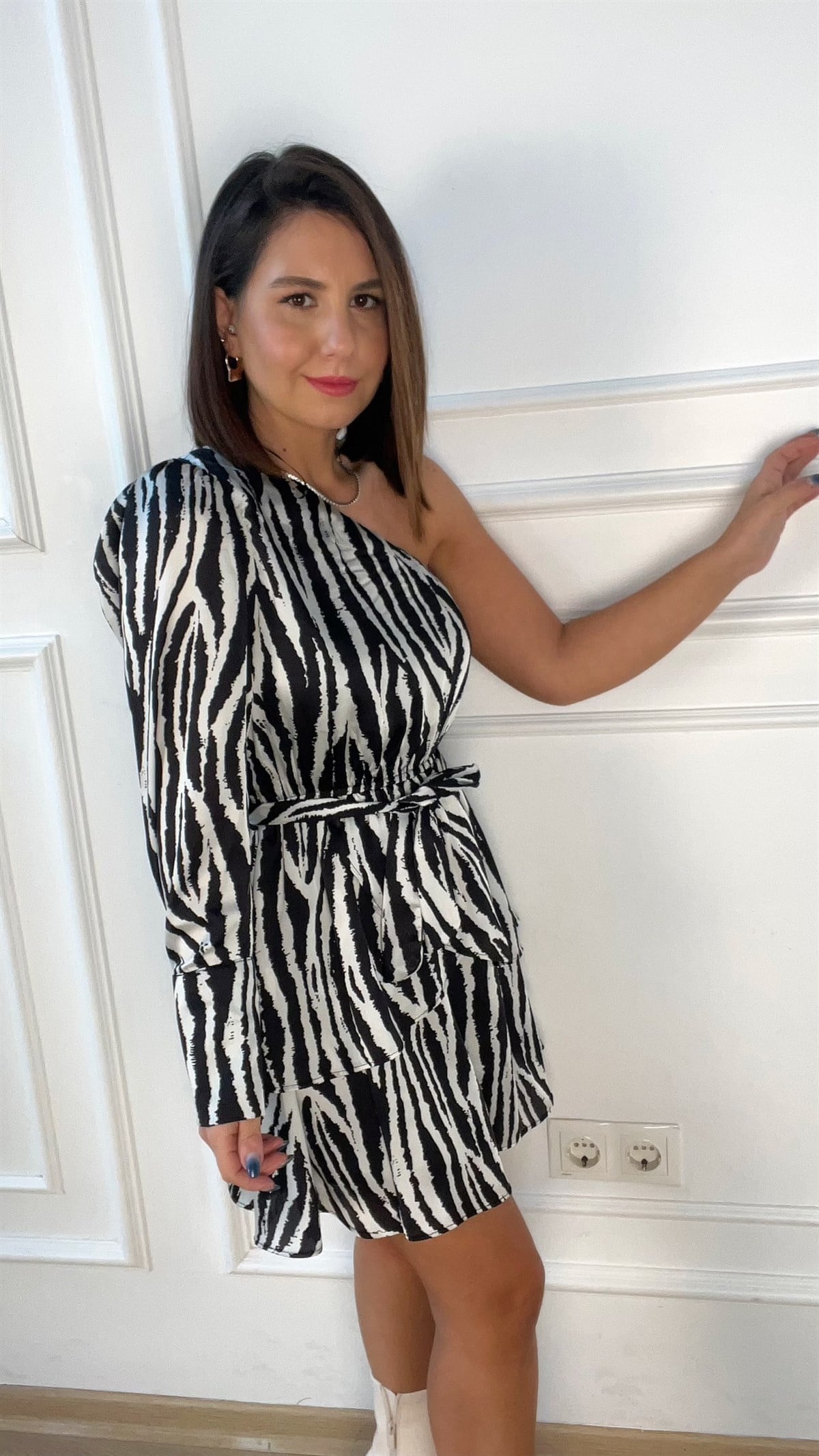 Zebra Desen Tek Omuz Elbise
