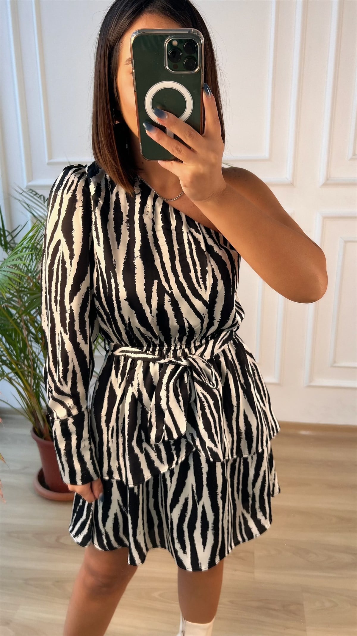 Zebra Desen Tek Omuz Elbise