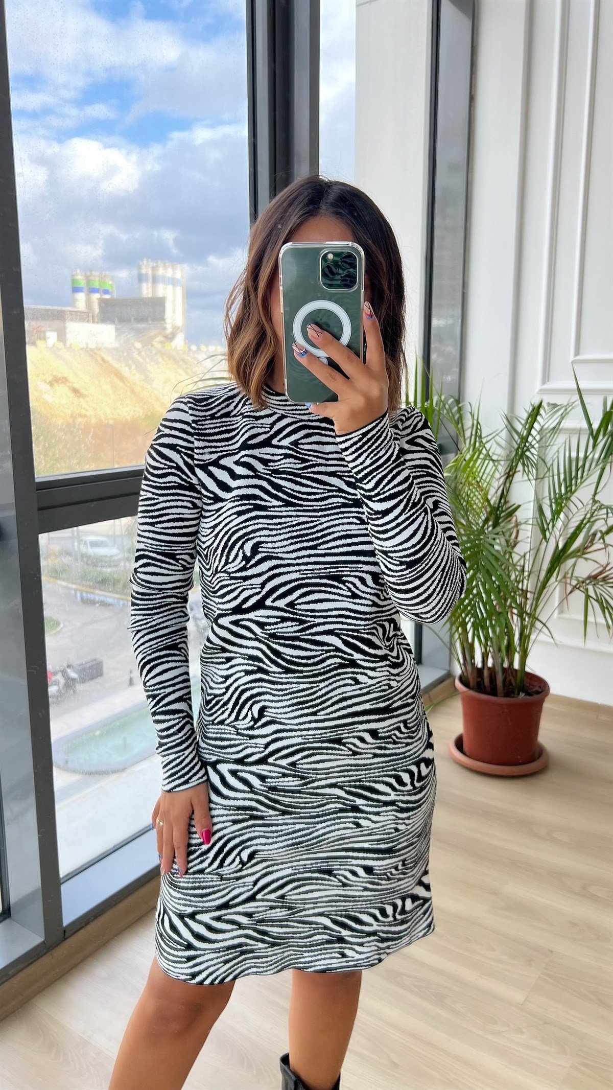 Zebra Desen Triko Elbise