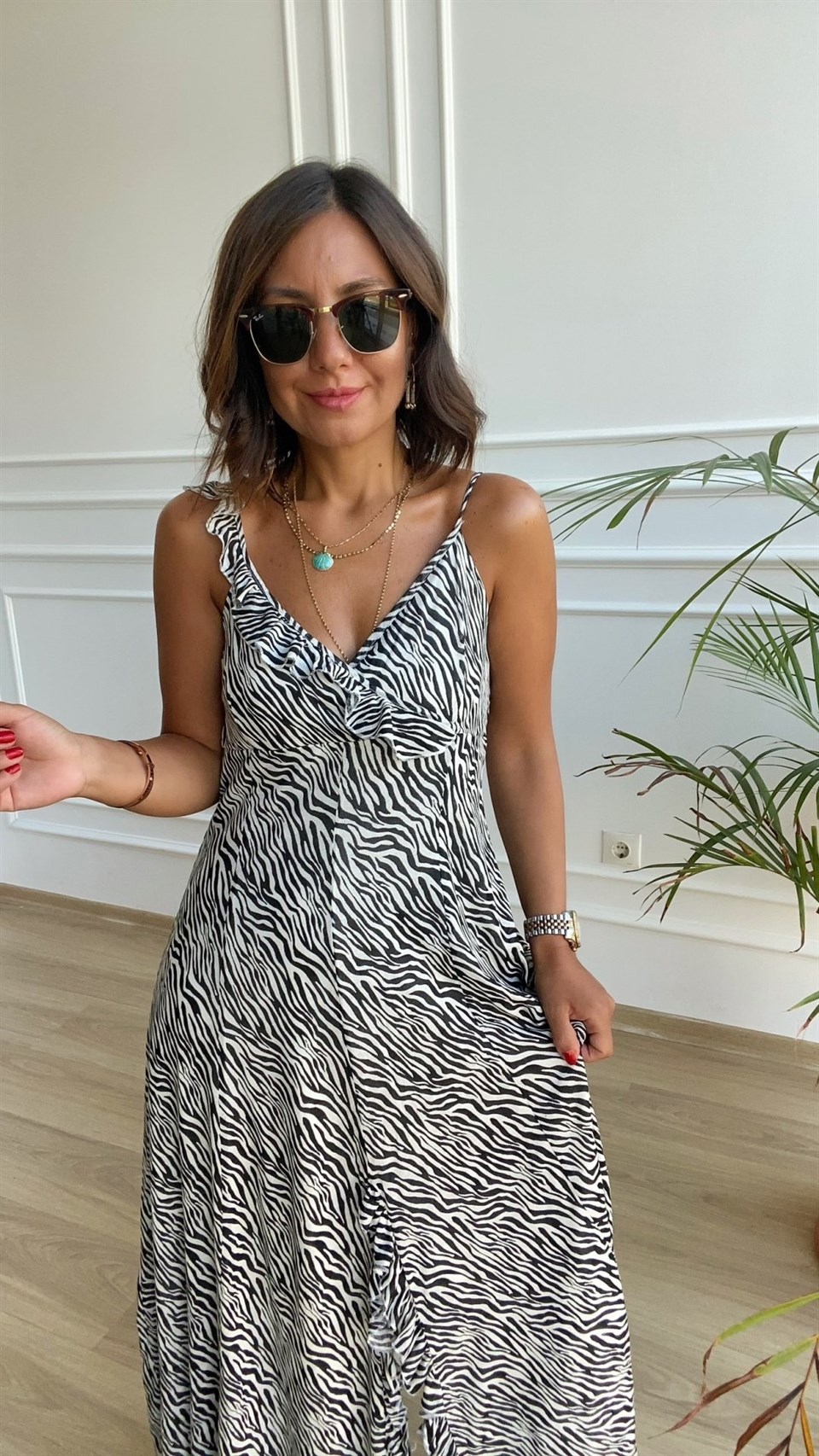 Zebra Desenli Fırfırlı Elbise