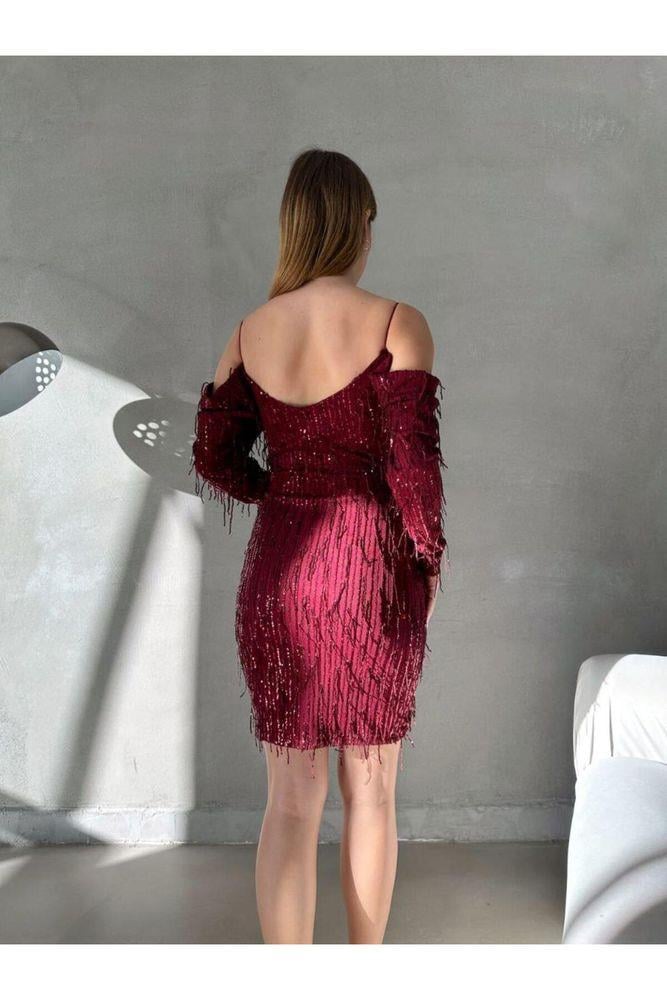 bordo ince askılı astarlı pul payet mini abiye elbise